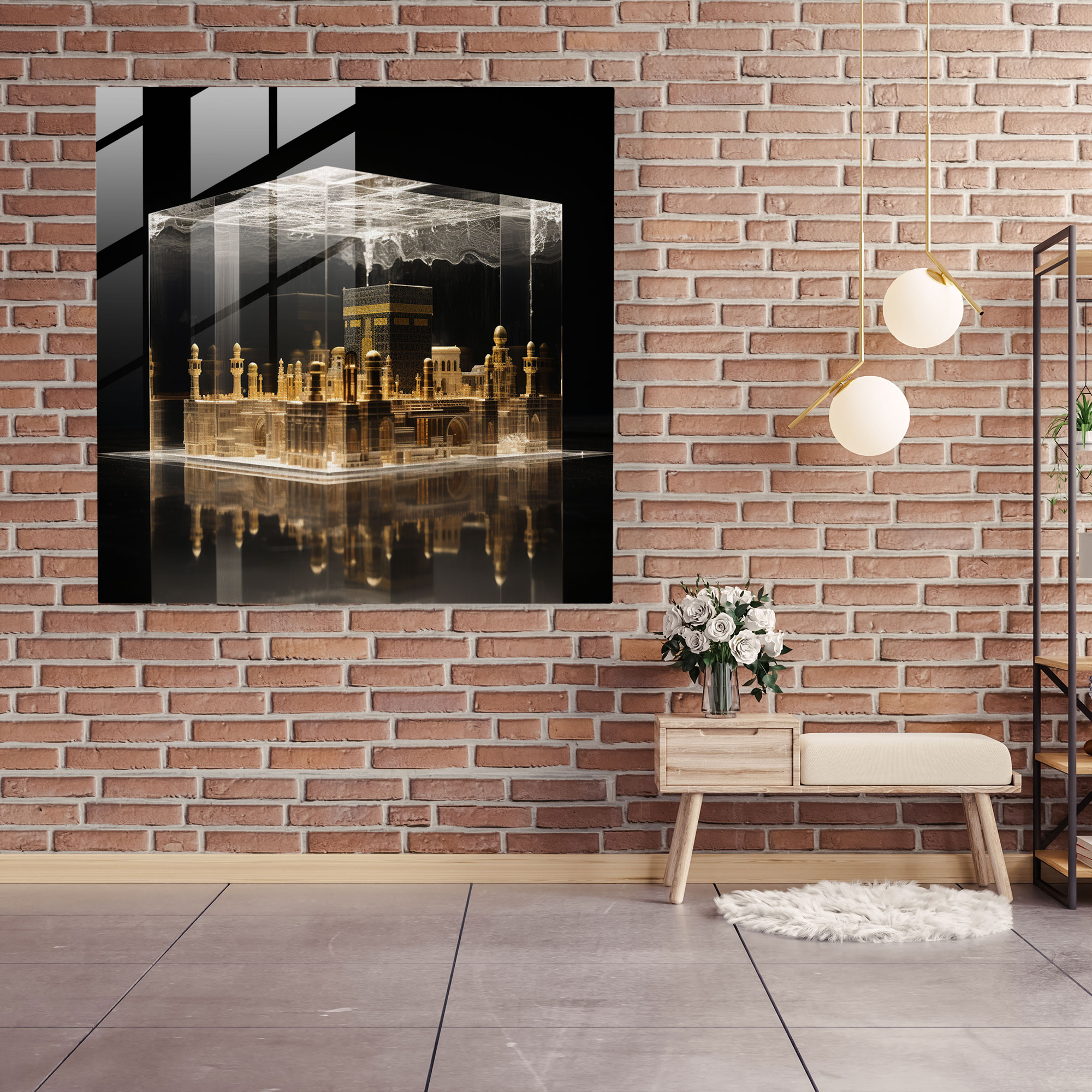 Kapsayıcı Kaaba 3D Cam Tablo - Kaaba Cam Tablo Görsel Dalış Cam Duvar Sanatı