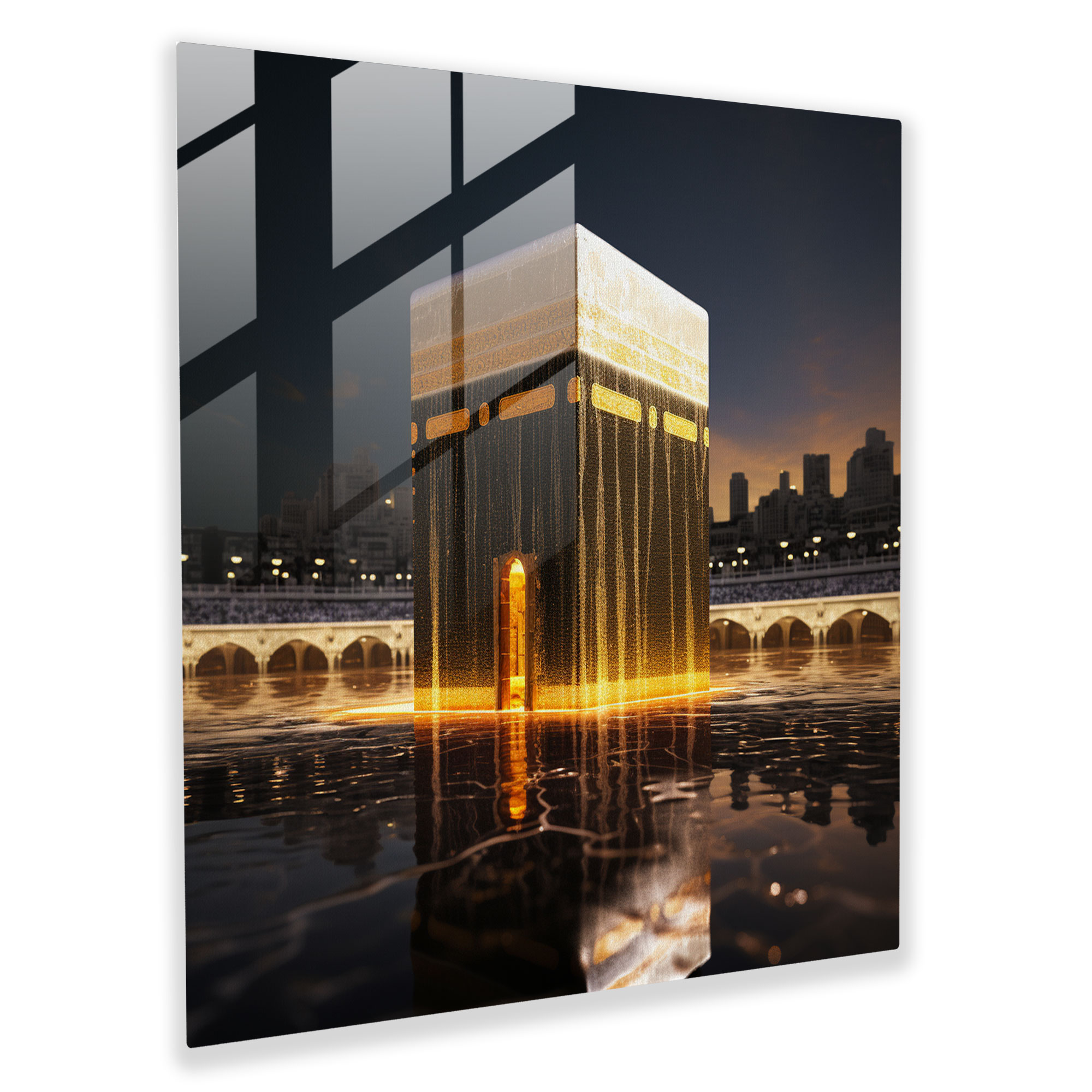 Minimalist Glass Print - Kaaba With Golden Glow - Kaaba, Kaaba, Spirituality, Islamic Art
