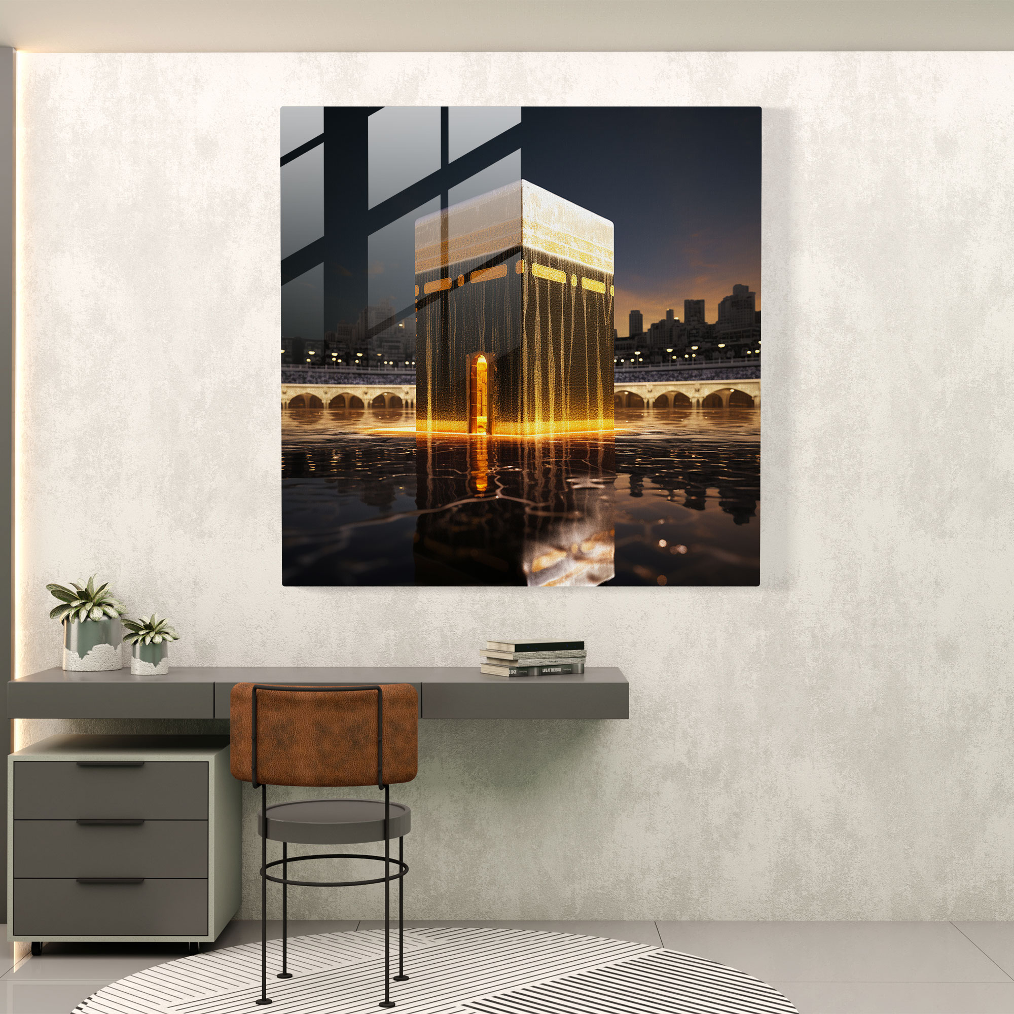 Minimalist Glass Print - Kaaba With Golden Glow - Kaaba, Kaaba, Spirituality, Islamic Art
