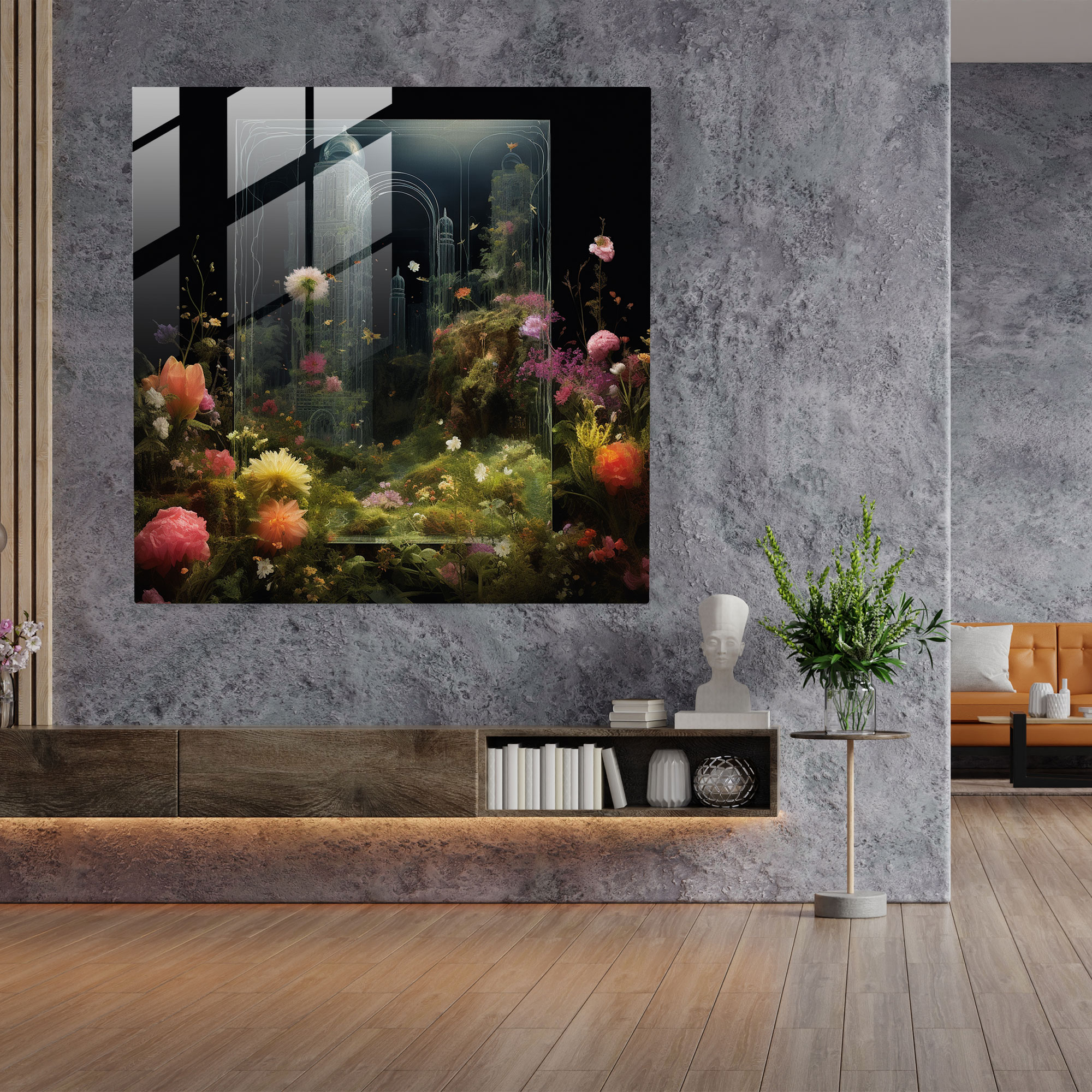 Botanical Glass Print - Kaaba In Lush Greenery - Kaaba, Tranquility, Lush Greenery, Blooming Flowers