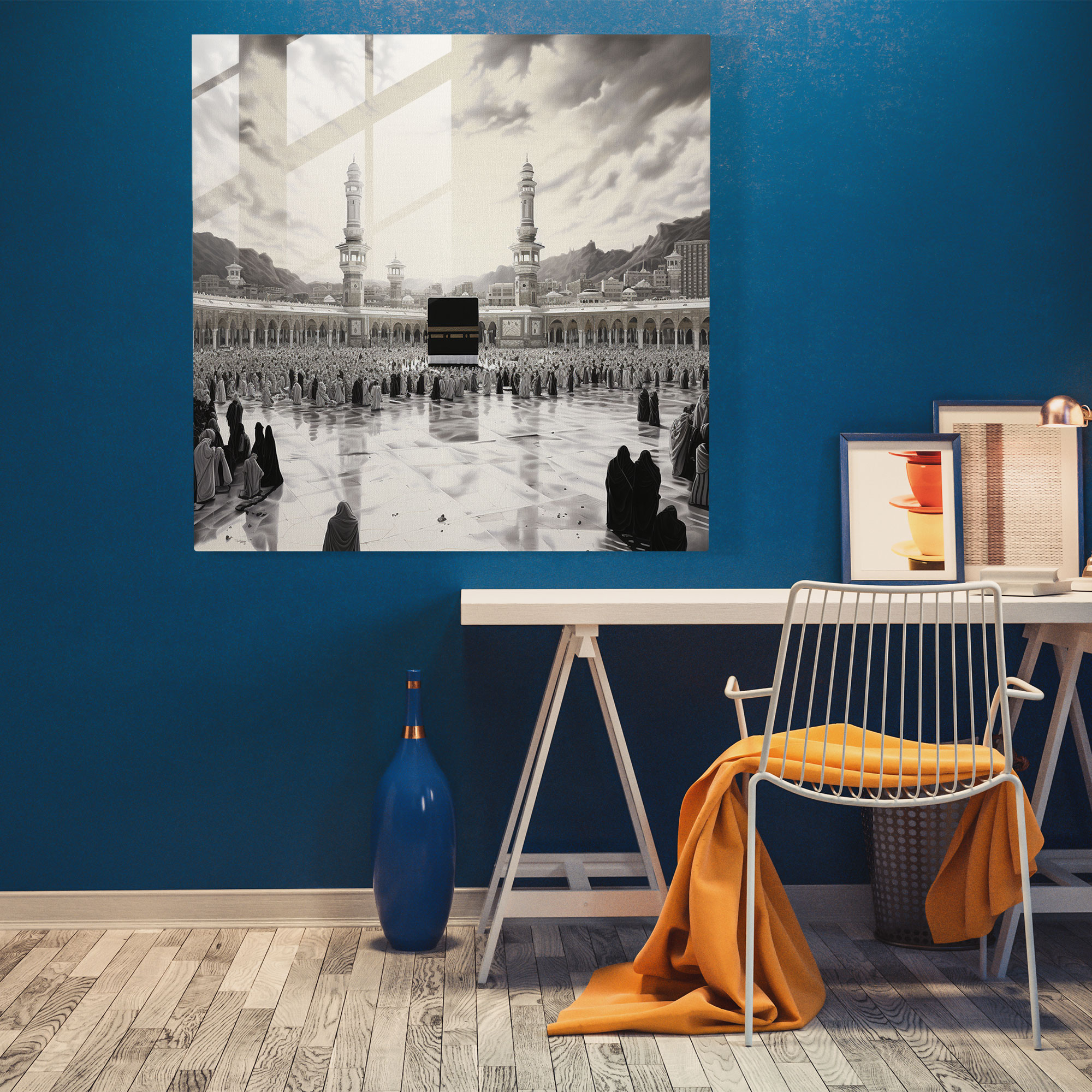 Kaabe Cam Tablo Sanatı - Modern Siyah Beyaz Baskı - Cam Tablo Siyah ve Beyaz Kaabe