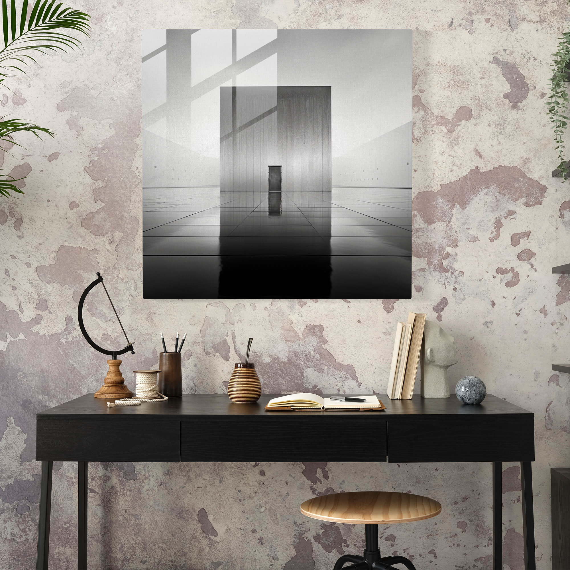 Kaaba Minimalist Cam Tablo - Duvar Dekorasyonu Siyah Beyaz Fotoğraf Minimalist