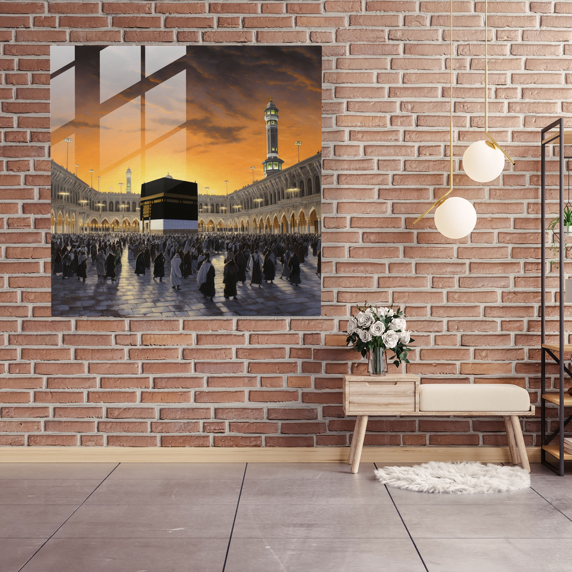 Kaaba Sunrise Glass Print - Kaaba, Serene Atmosphere, Modern Art, Warm Hues