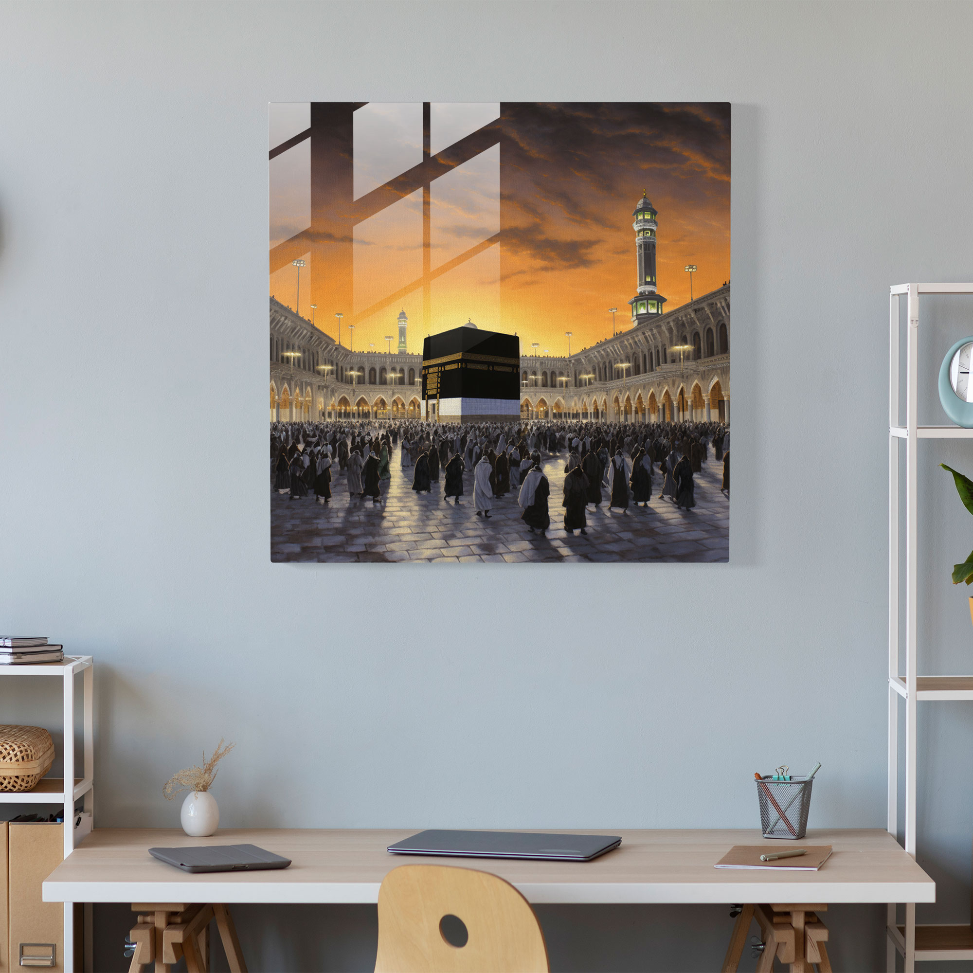 Kaaba Sunrise Glass Print - Kaaba, Serene Atmosphere, Modern Art, Warm Hues
