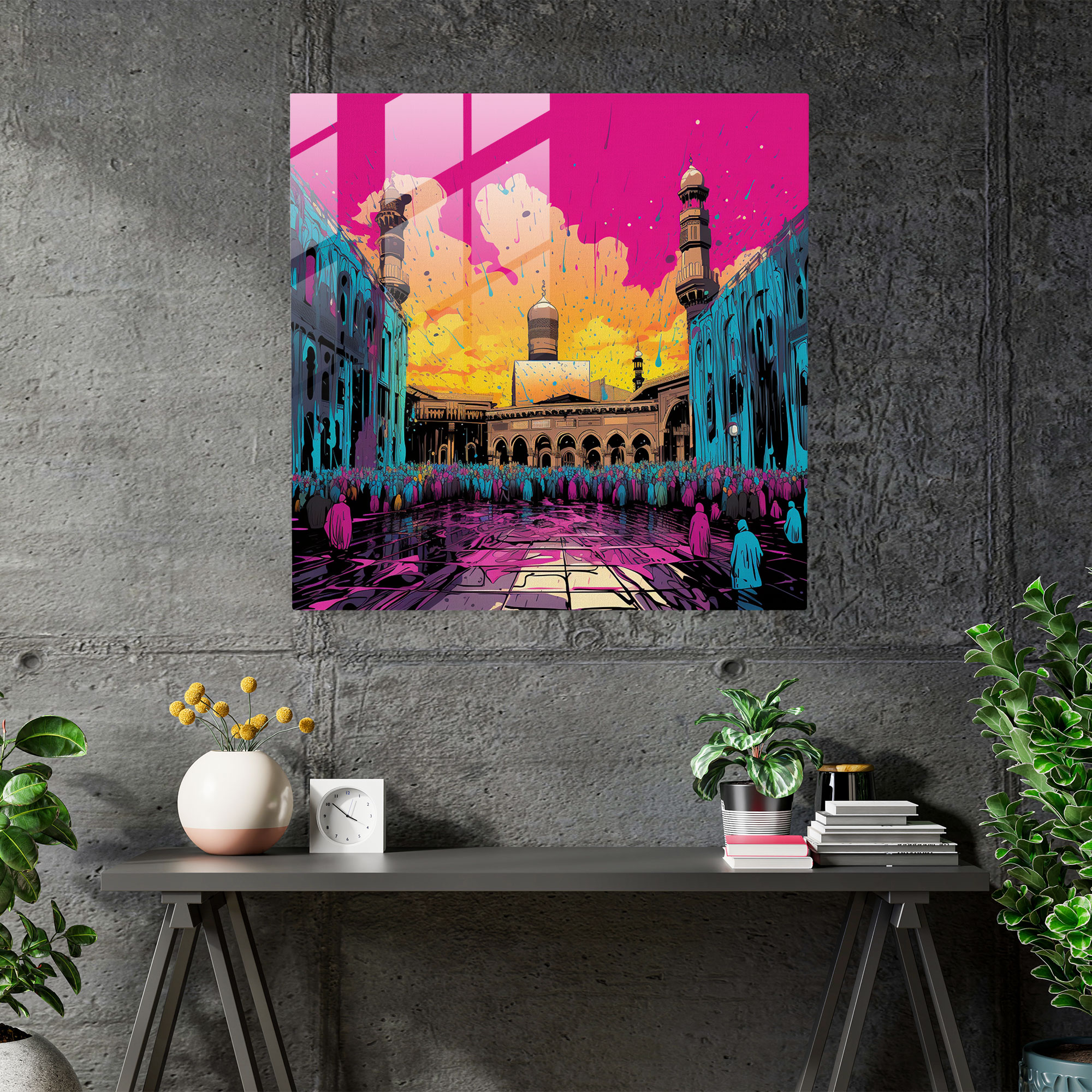 Kaaba Pop Art Glass Print - Kaaba, Bold Colors, Kaaba, Home Decoration