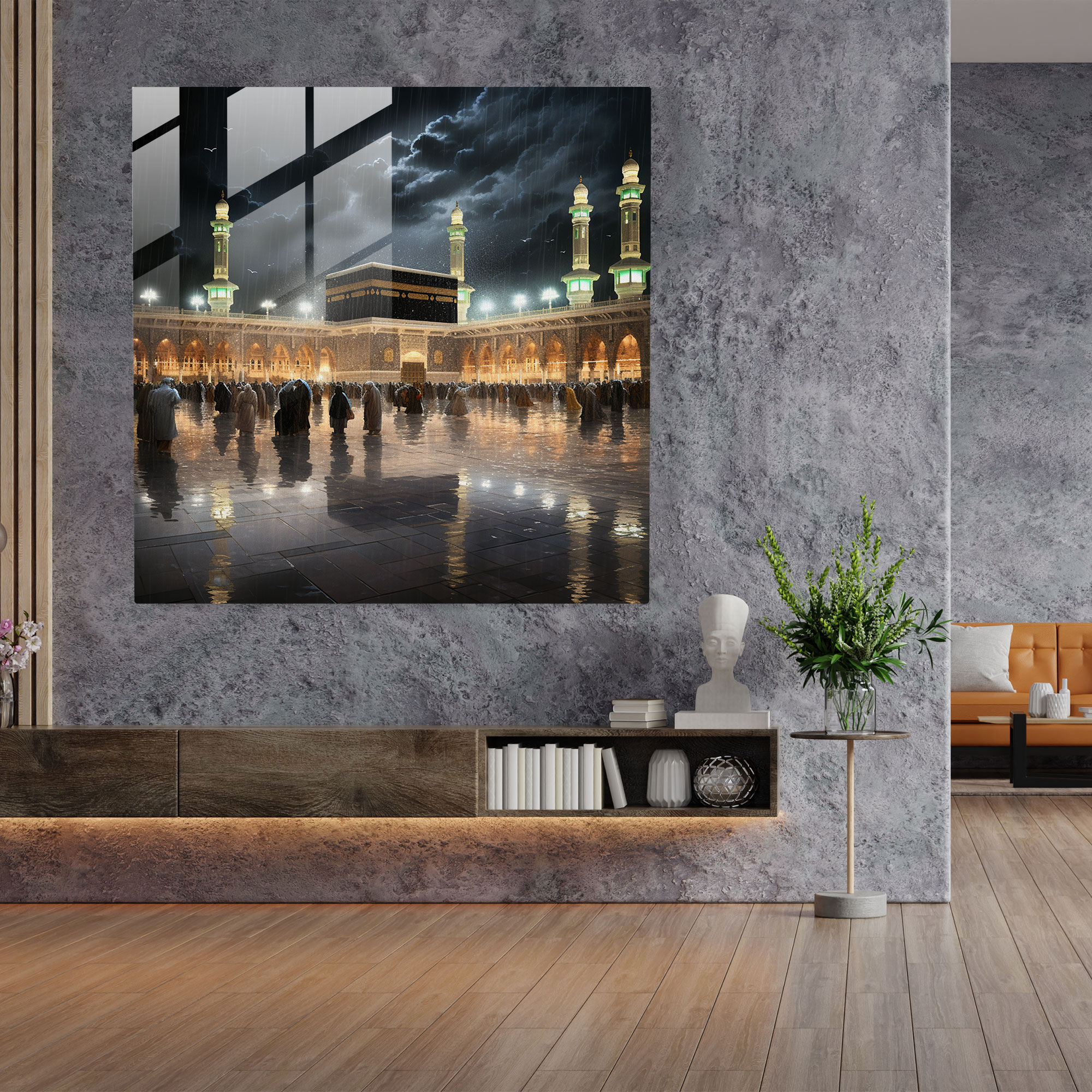 Ay Işığında Kabe Cam Tablo - Kabe Modern Sanat Duvar Dekorasyonu Ev Dekorasyonu