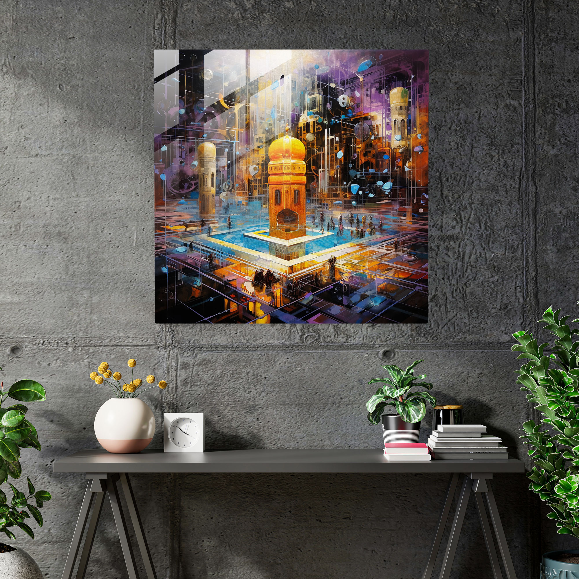 Modern Glass Print - Vibrant Swirls Kaaba - Kaaba, Glass Print, Wall Decoration, Glass Art