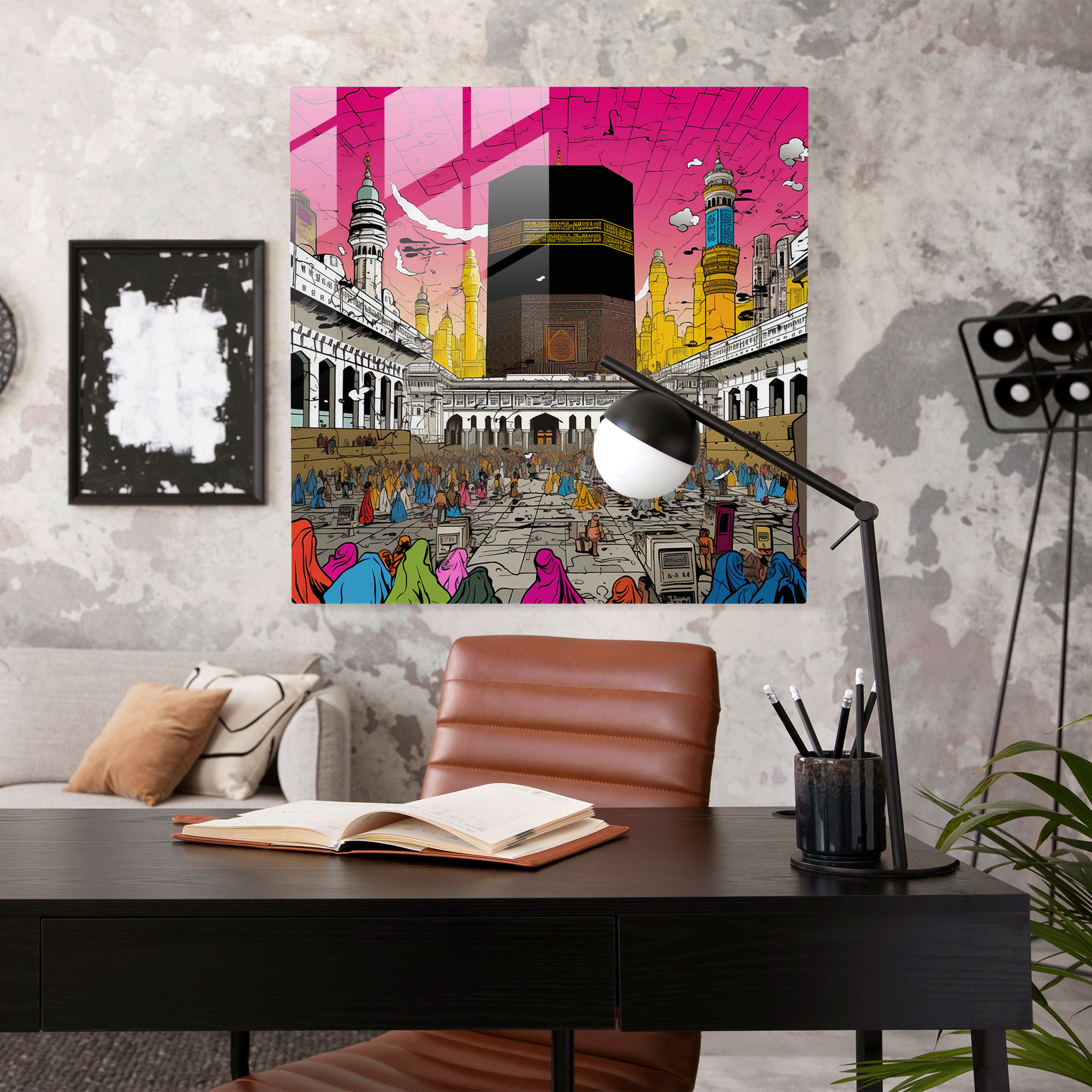 Kaaba Çizgi Roman Pop Sanat Cam Tablo - Pop Sanat Kaaba İllüstrasyon Cesur Renkler