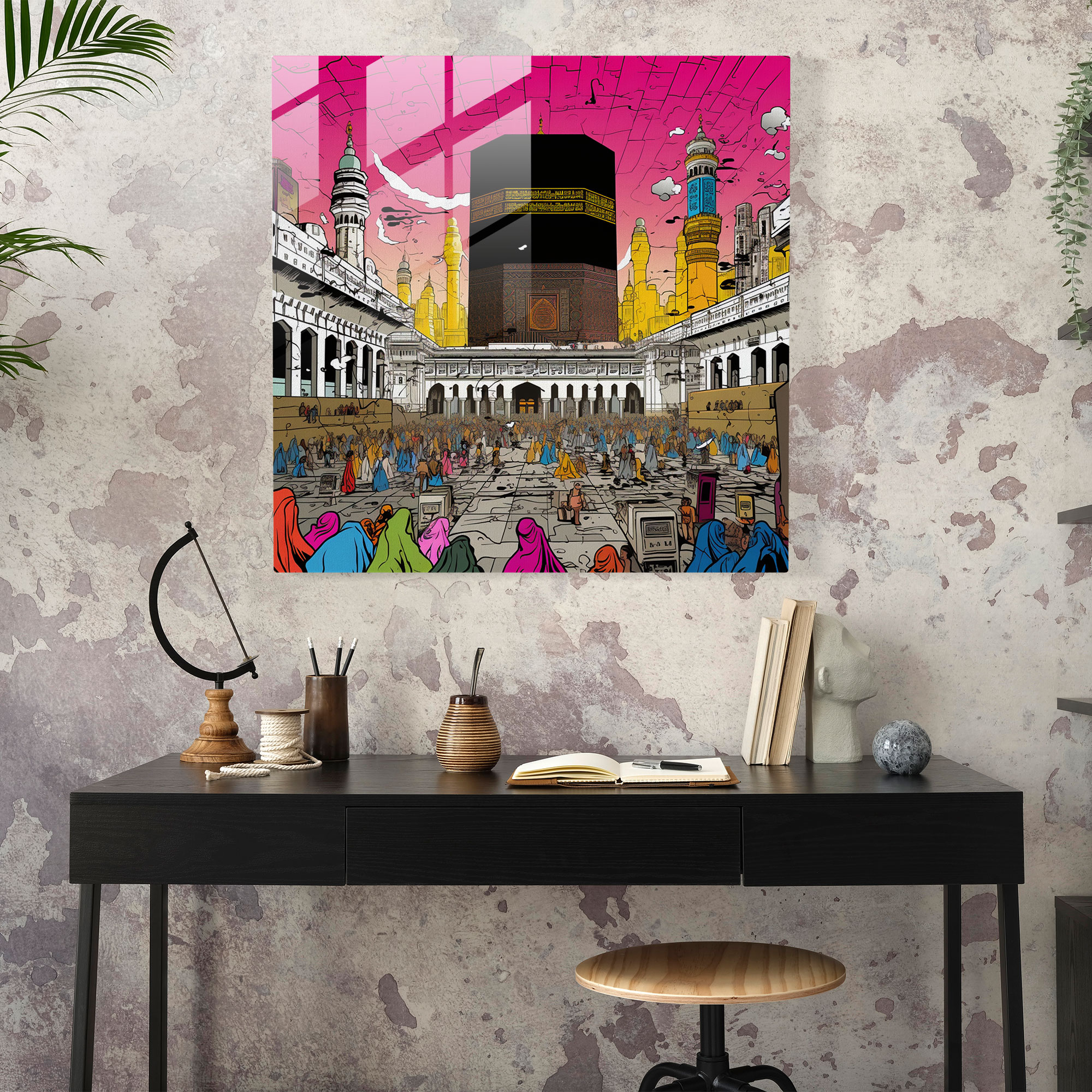 Kaaba Çizgi Roman Pop Sanat Cam Tablo - Pop Sanat Kaaba İllüstrasyon Cesur Renkler