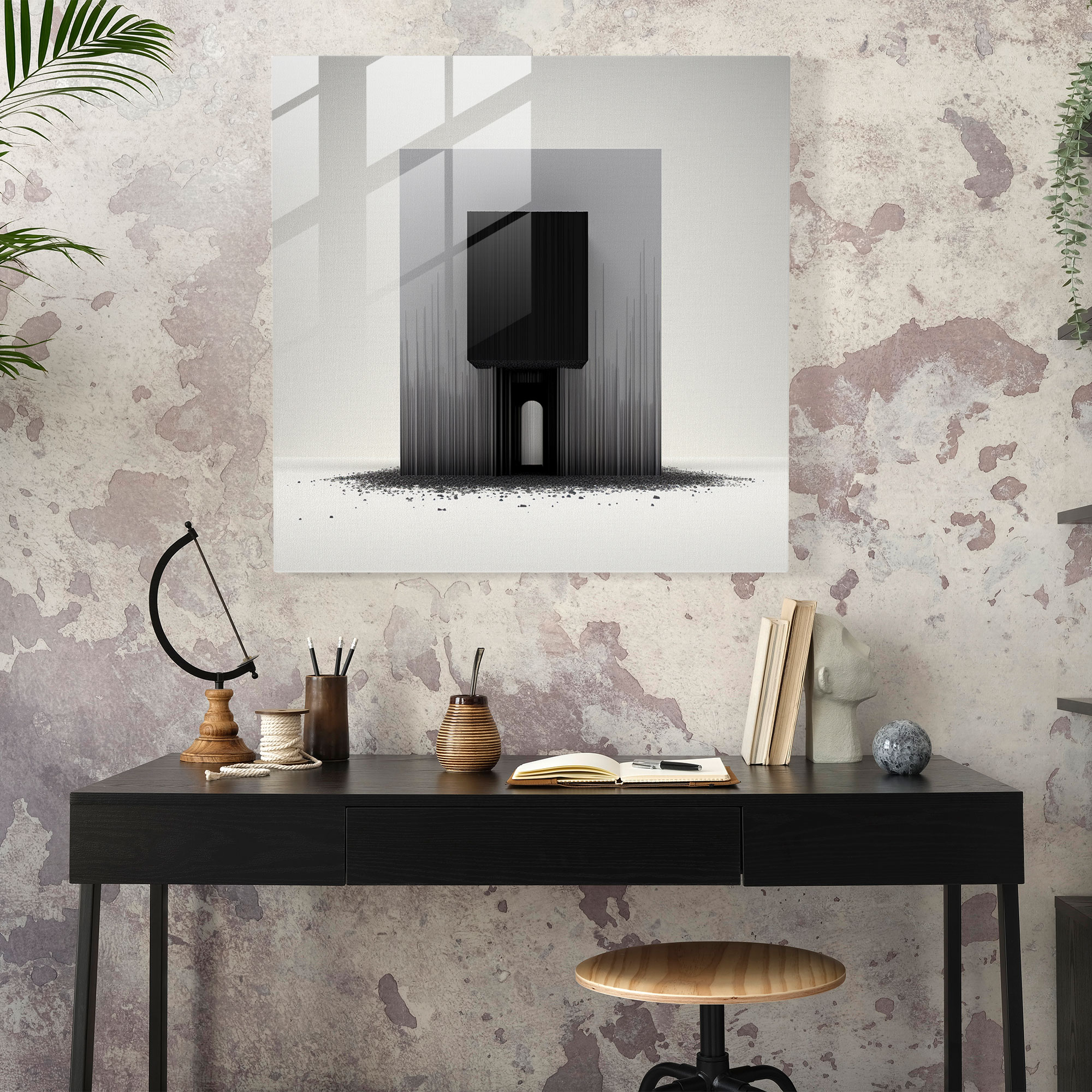 Minimalist Cam Tablo - Kaaba - Kaaba Monokrom Renk Düzeni Modern Sanat Cam Duvar Sanatı