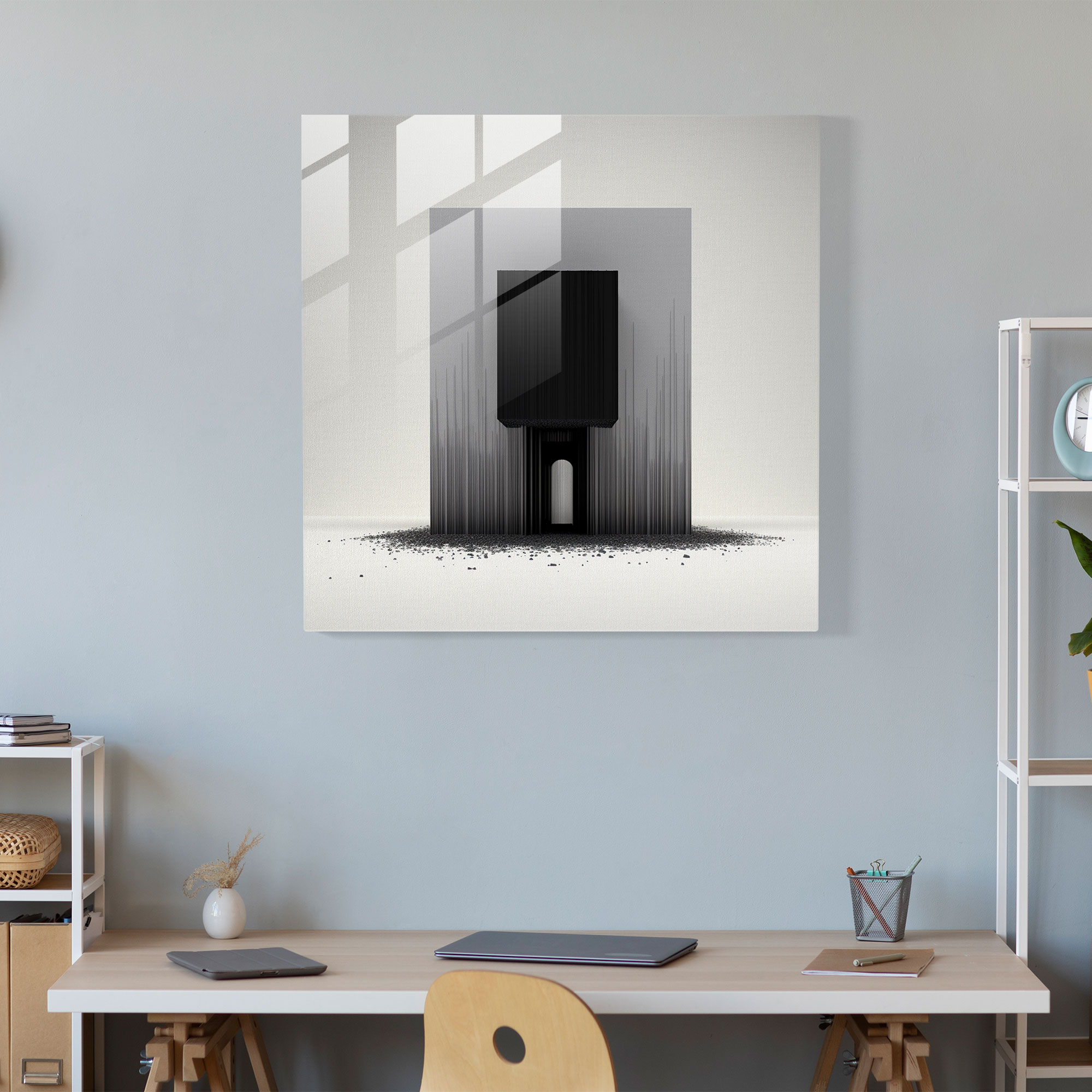 Minimalist Cam Tablo - Kaaba - Kaaba Monokrom Renk Düzeni Modern Sanat Cam Duvar Sanatı