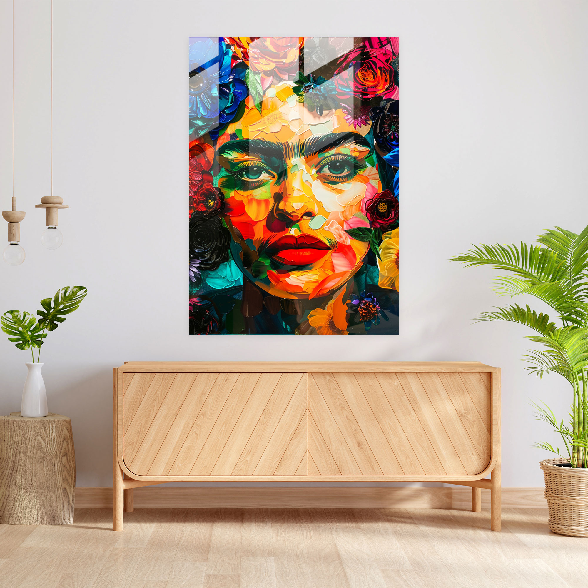 Çiçekli Fiesta Cam Tablo - Frida Kahlo Eserleri Renkli Cam Sanatı Cam Tablo