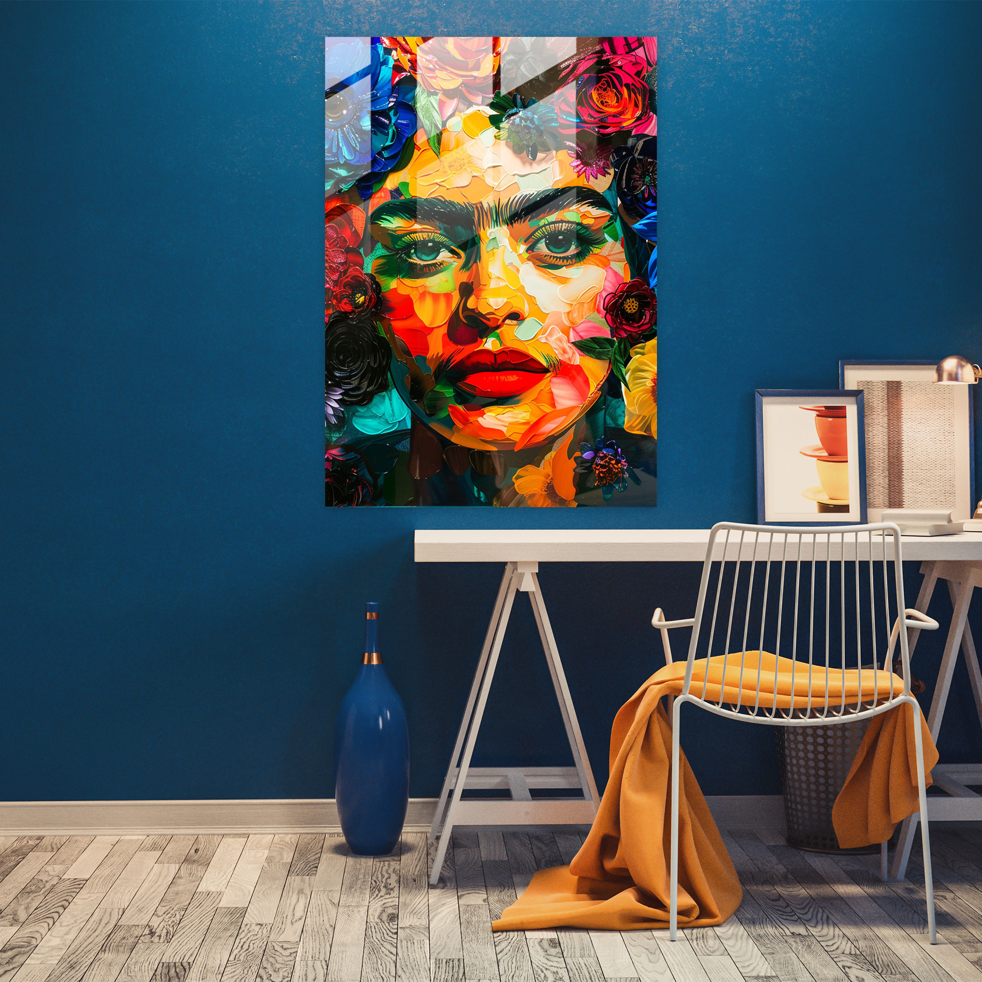 Çiçekli Fiesta Cam Tablo - Frida Kahlo Eserleri Renkli Cam Sanatı Cam Tablo