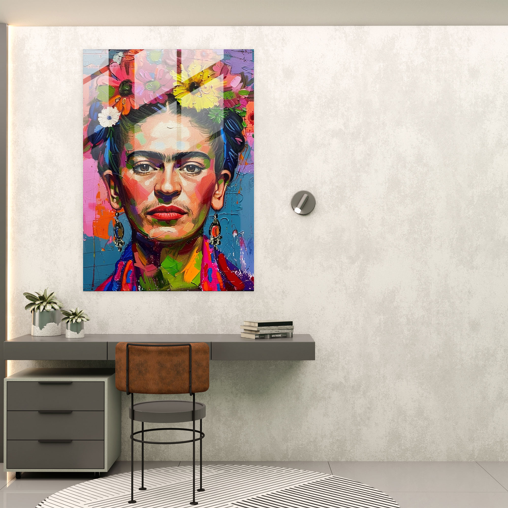 Çiçeklerle Şık Cam Tablo Sanatı - Frida Kahlo Eserleri Çiçek Tacı Duvar Dekorasyonu Ev Dekorasyonu