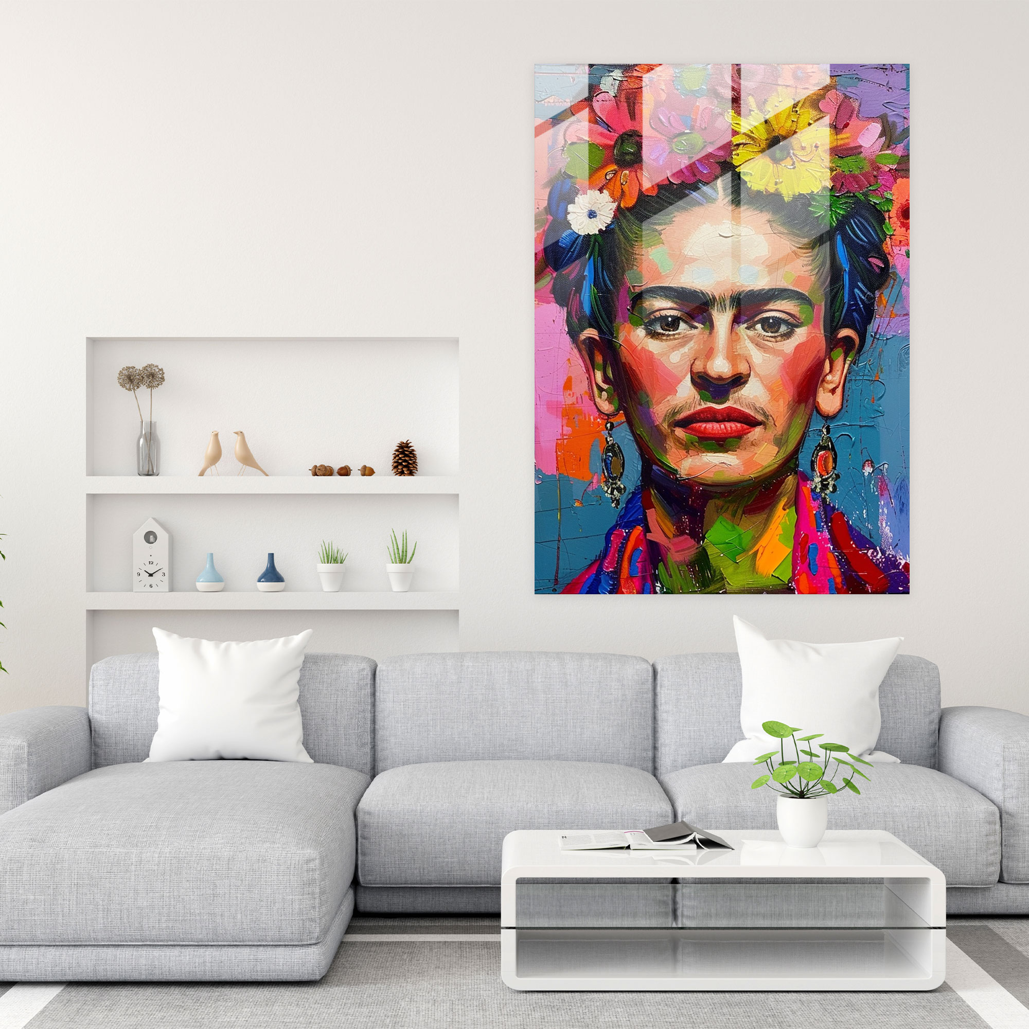 Çiçeklerle Şık Cam Tablo Sanatı - Frida Kahlo Eserleri Çiçek Tacı Duvar Dekorasyonu Ev Dekorasyonu