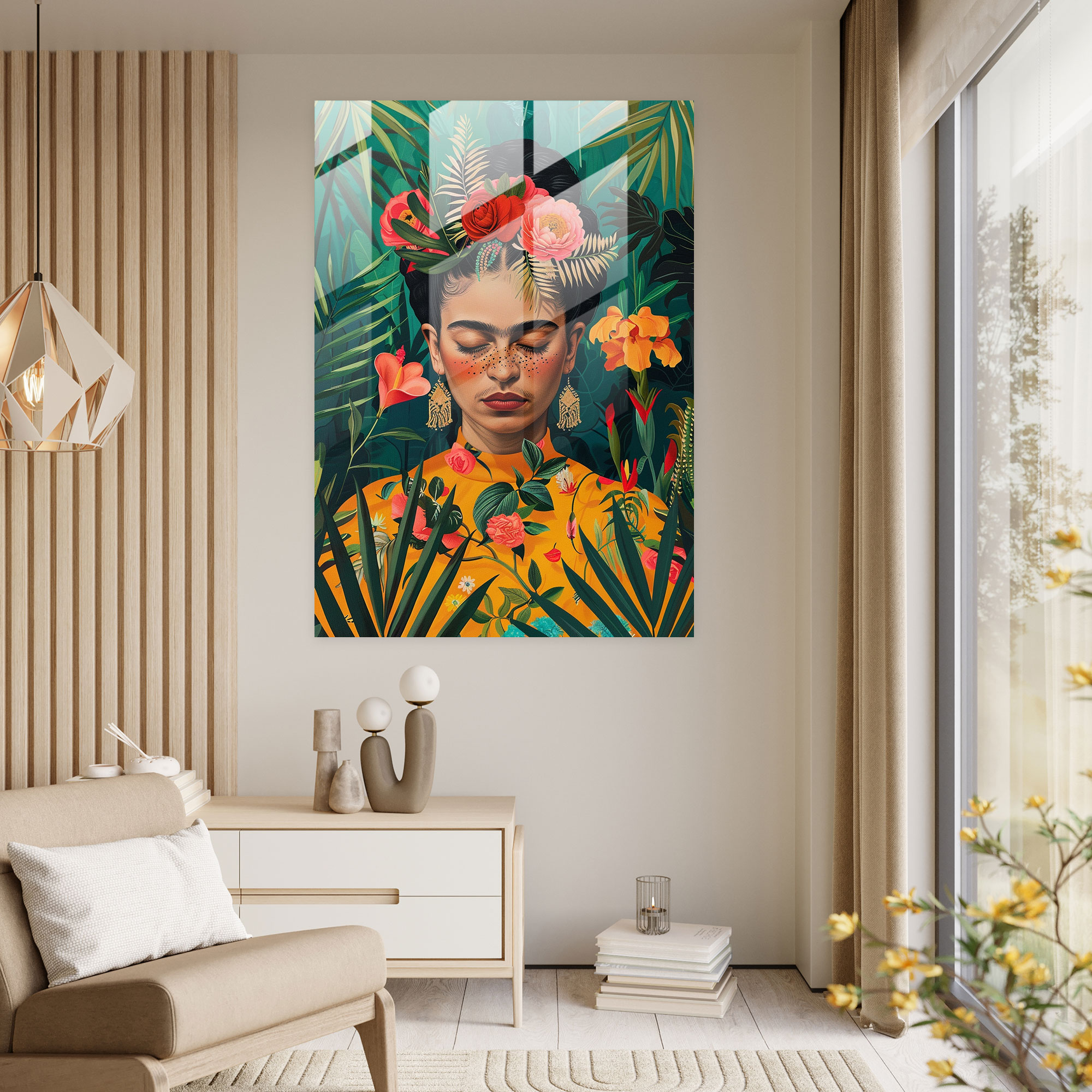 Frida Kahlo Tarzı Ev Dekorasyonu - Modern Sanat Çiçekli Saçlar Cam Tablo
