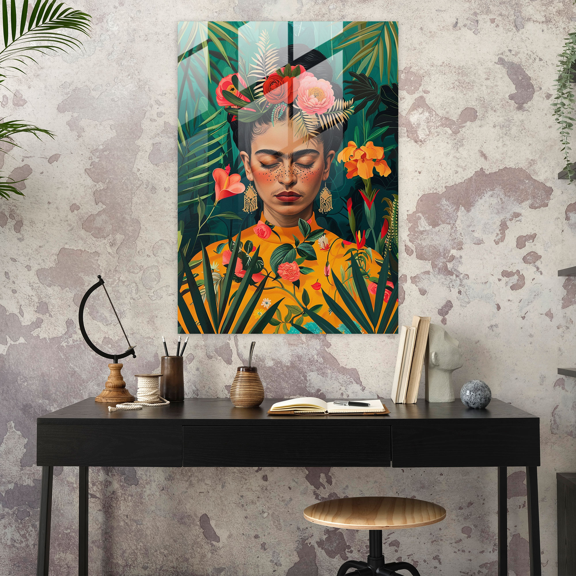 Frida Kahlo Tarzı Ev Dekorasyonu - Modern Sanat Çiçekli Saçlar Cam Tablo