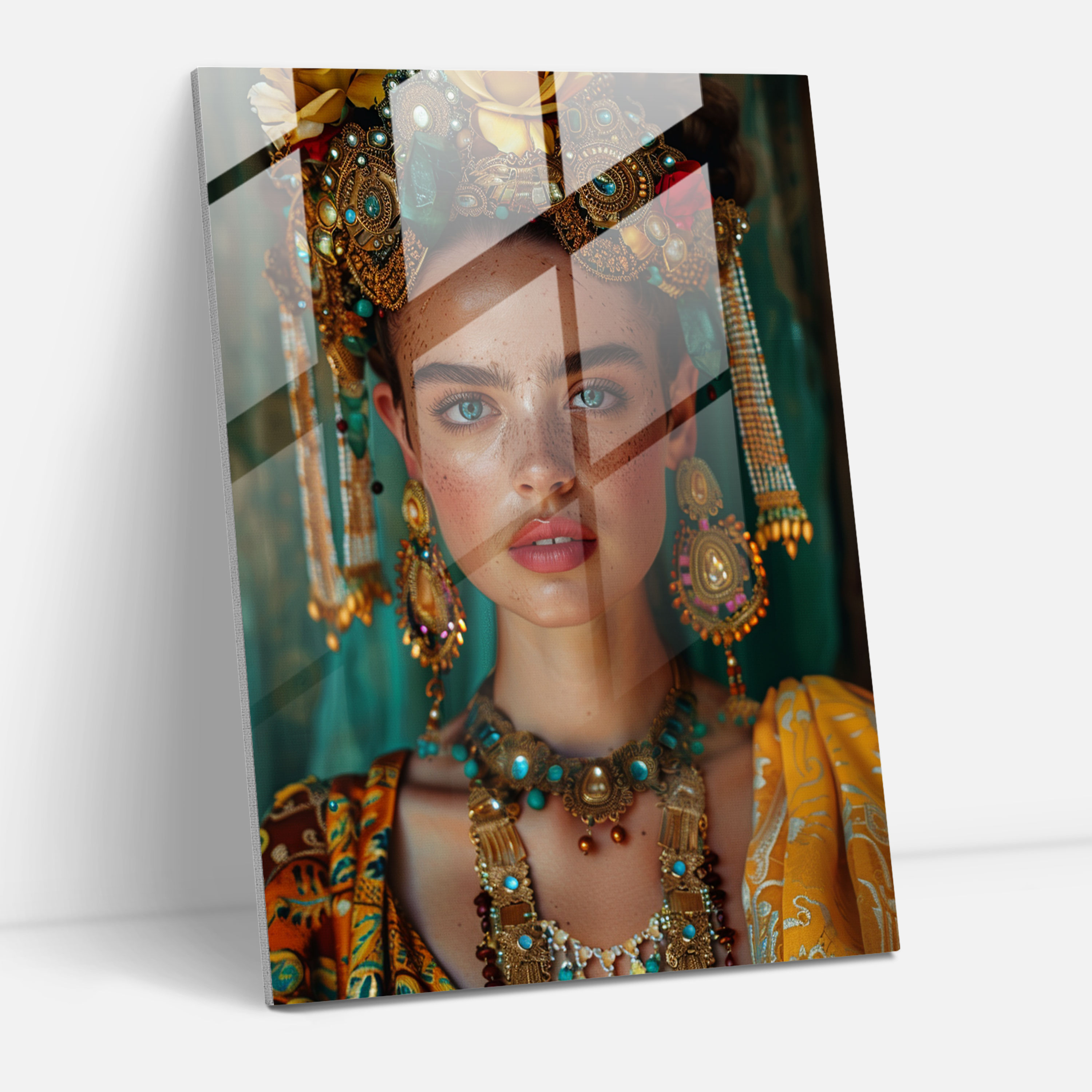 Glasbild im Stil von Frida Kahlo – Frida Kahlo Werke Frida Kahlo Stil kunstvolle Schmuckstücke Selbstporträt