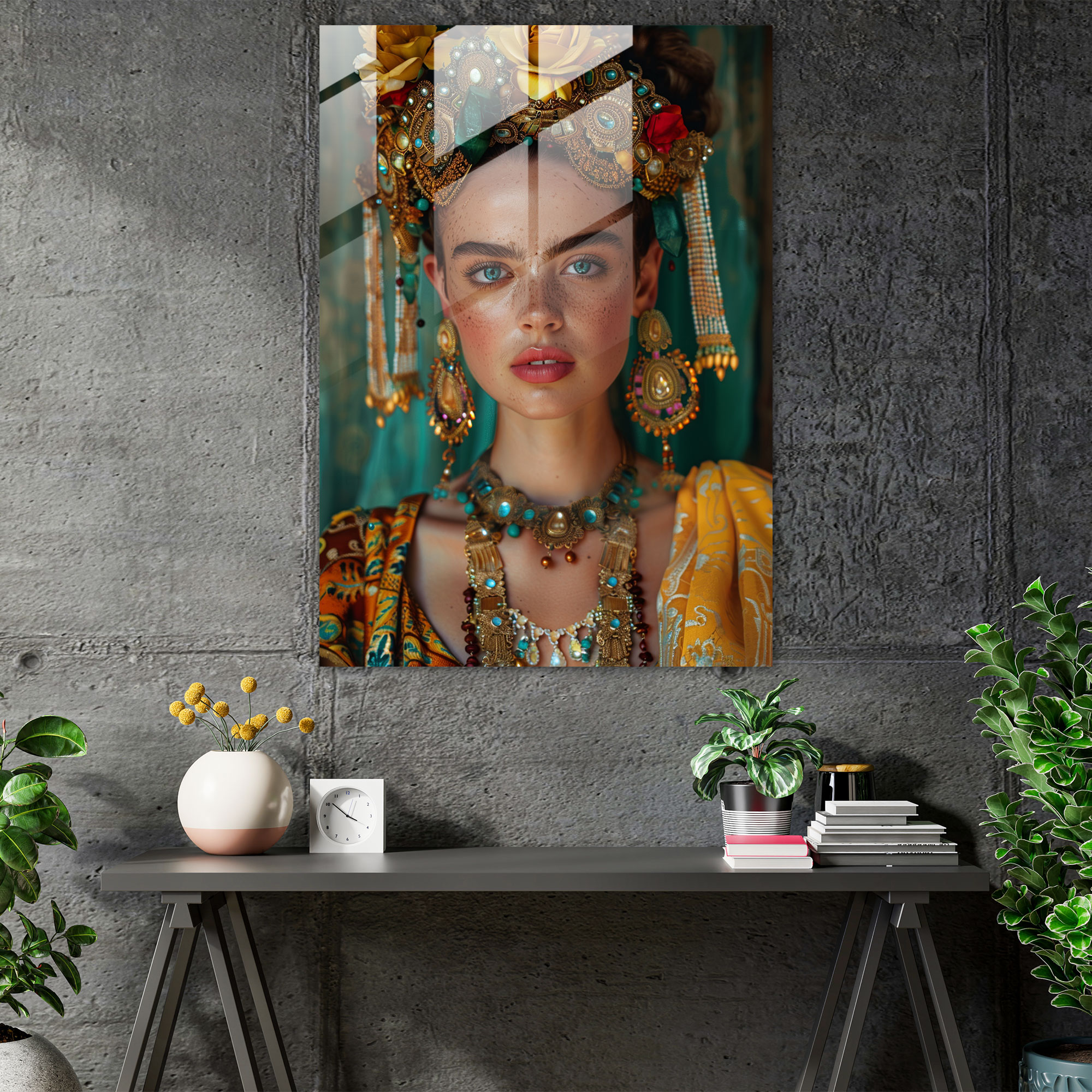 Glasbild im Stil von Frida Kahlo – Frida Kahlo Werke Frida Kahlo Stil kunstvolle Schmuckstücke Selbstporträt