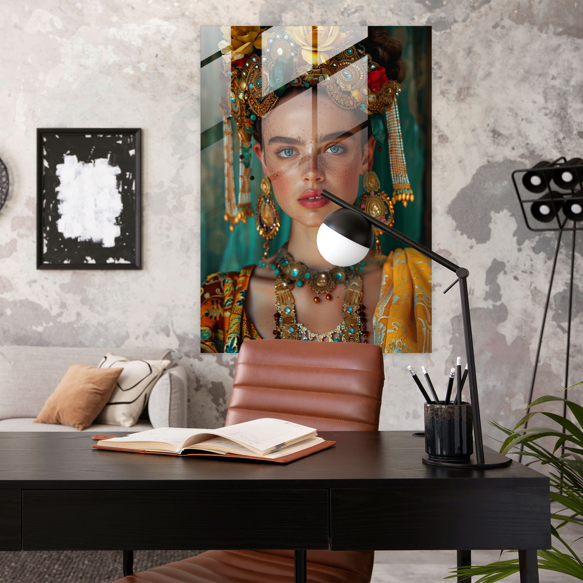 Glasbild im Stil von Frida Kahlo – Frida Kahlo Werke Frida Kahlo Stil kunstvolle Schmuckstücke Selbstporträt