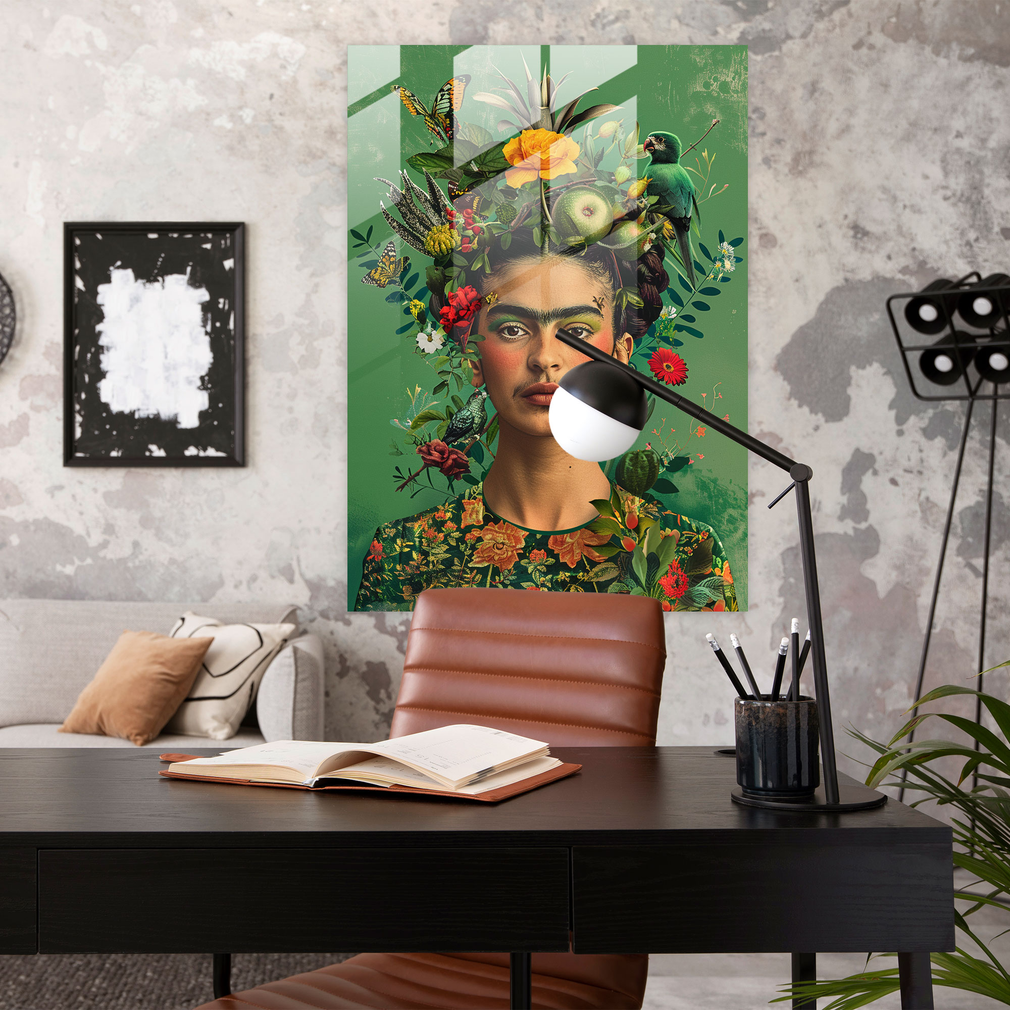 Frida Kahlo Tarzı Modern Sanat - Portre Bir Kadının Cam Tablo Modern Sanat