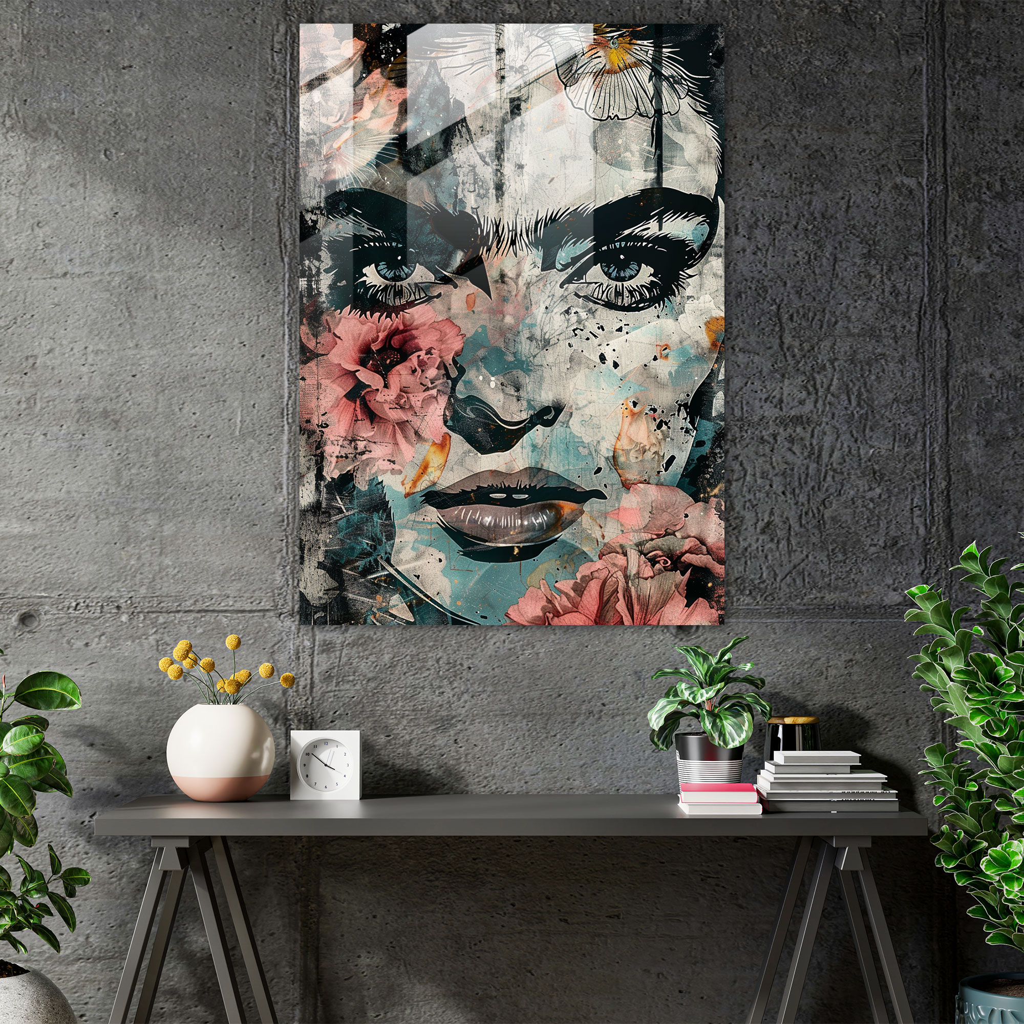 Frida Kahlo Tarzı Cam Tablo - Frida Kahlo Eserleri İfade Dolu Gözler Monokrom Renk Düzeni Cam Tablo