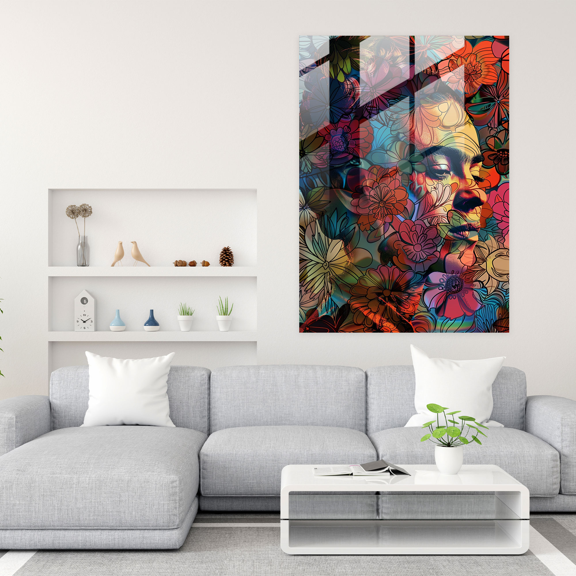 Frida Kahlo Tarzı Cam Duvar Sanatı - Frida Kahlo Eserleri Kendi Portresi Detaylı Çiçek Desenleri Frida Kahlo Tarzı