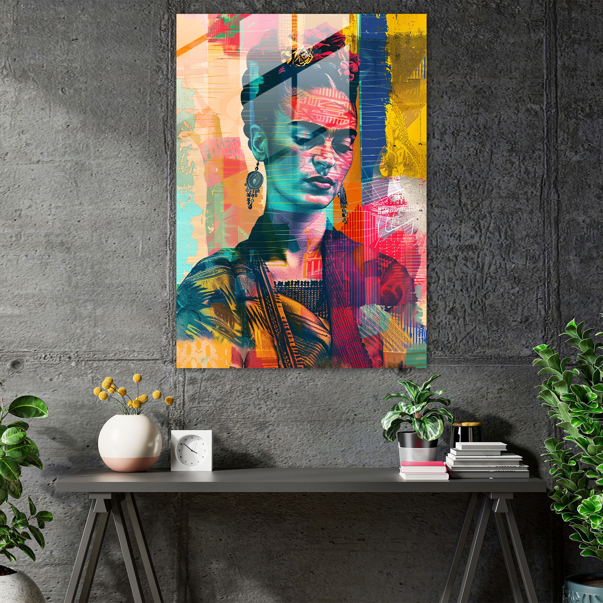 Frida Kahlo Tarzı Duvar Dekorasyonu - Abstract Arka Planı ile Frida Kahlo Eserleri Kanvas Tablo