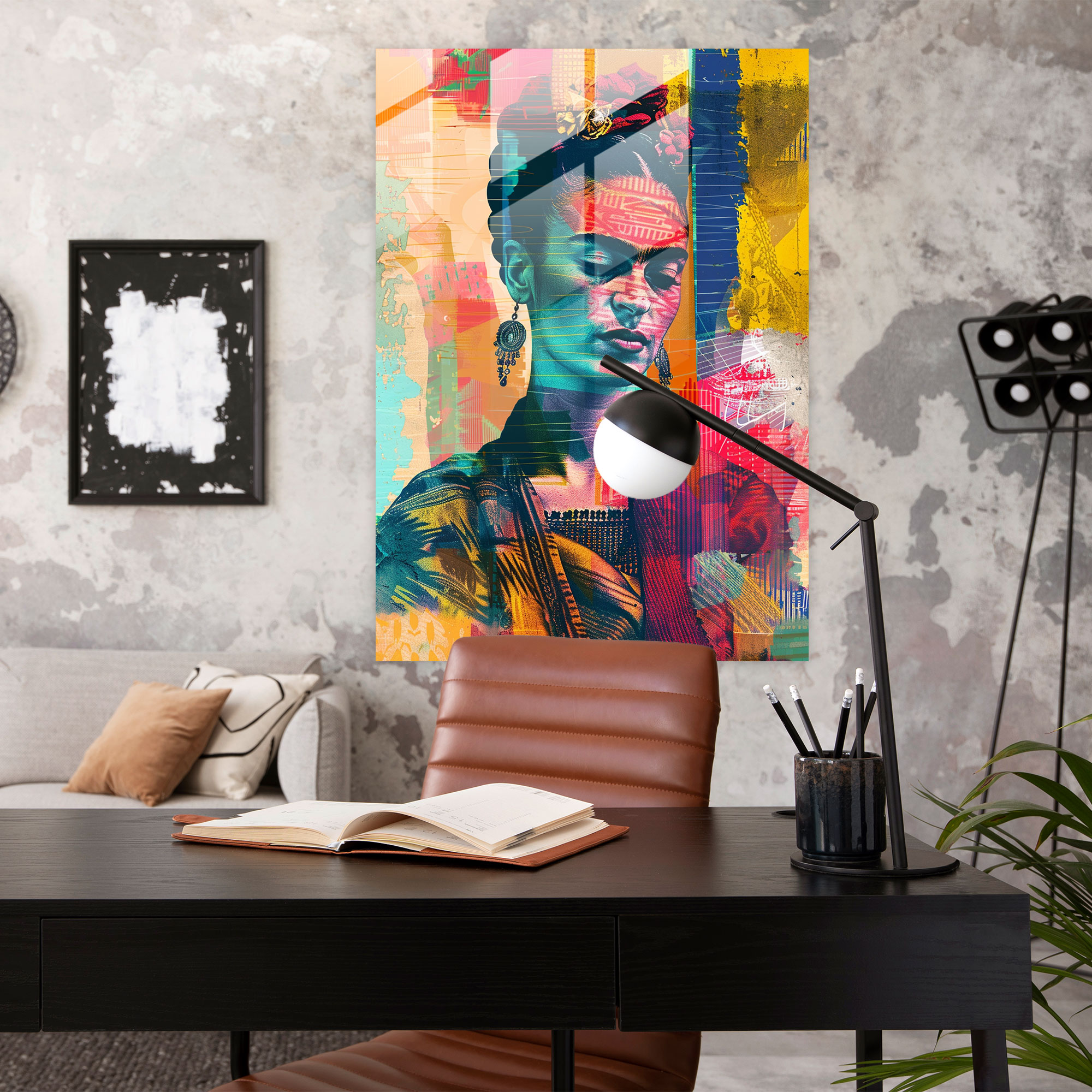 Frida Kahlo Tarzı Duvar Dekorasyonu - Abstract Arka Planı ile Frida Kahlo Eserleri Kanvas Tablo