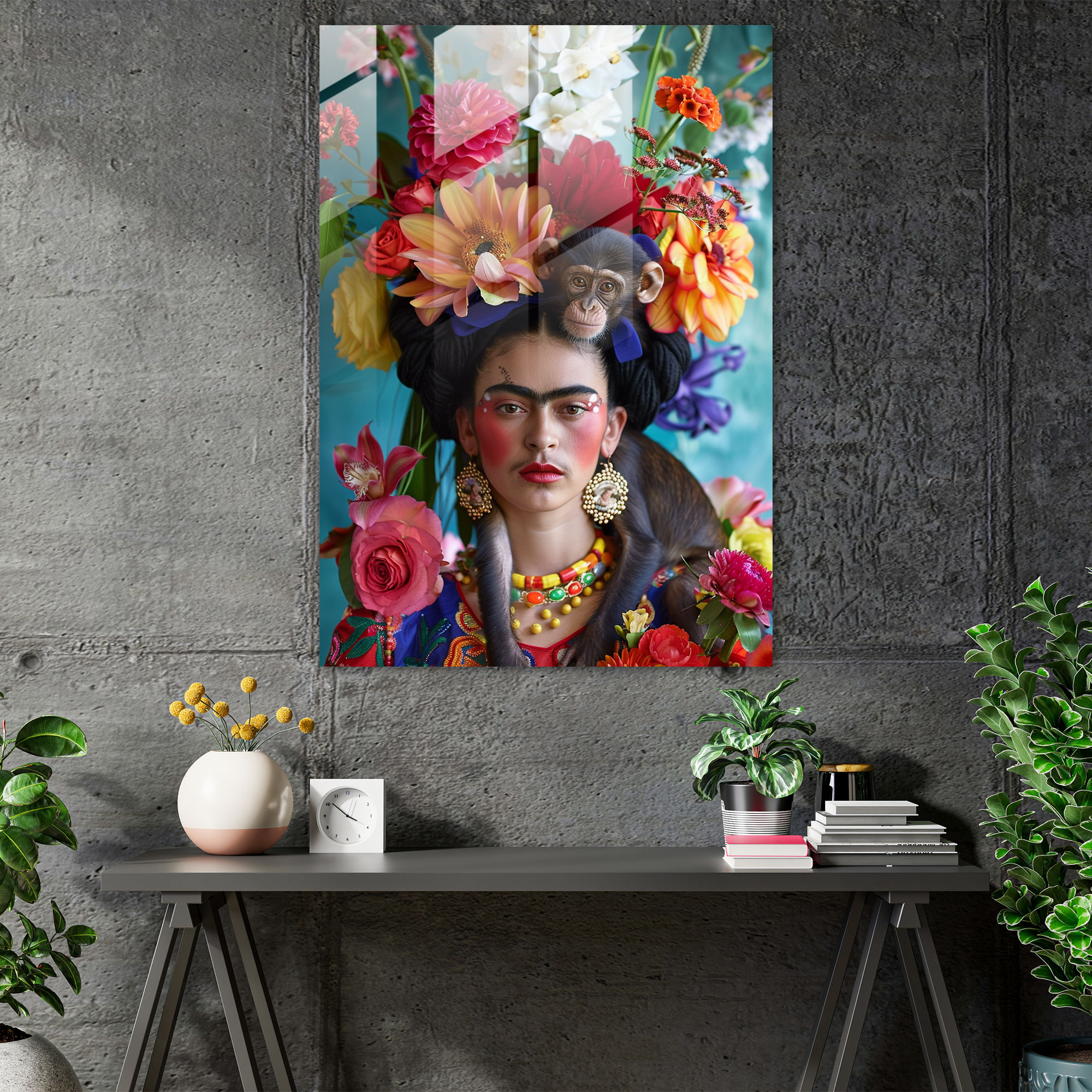 Frida Kahlo Tarzı Cam Tablo Baskı - Frida Kahlo Eserleri Cam Tablo Ev Dekorasyonu