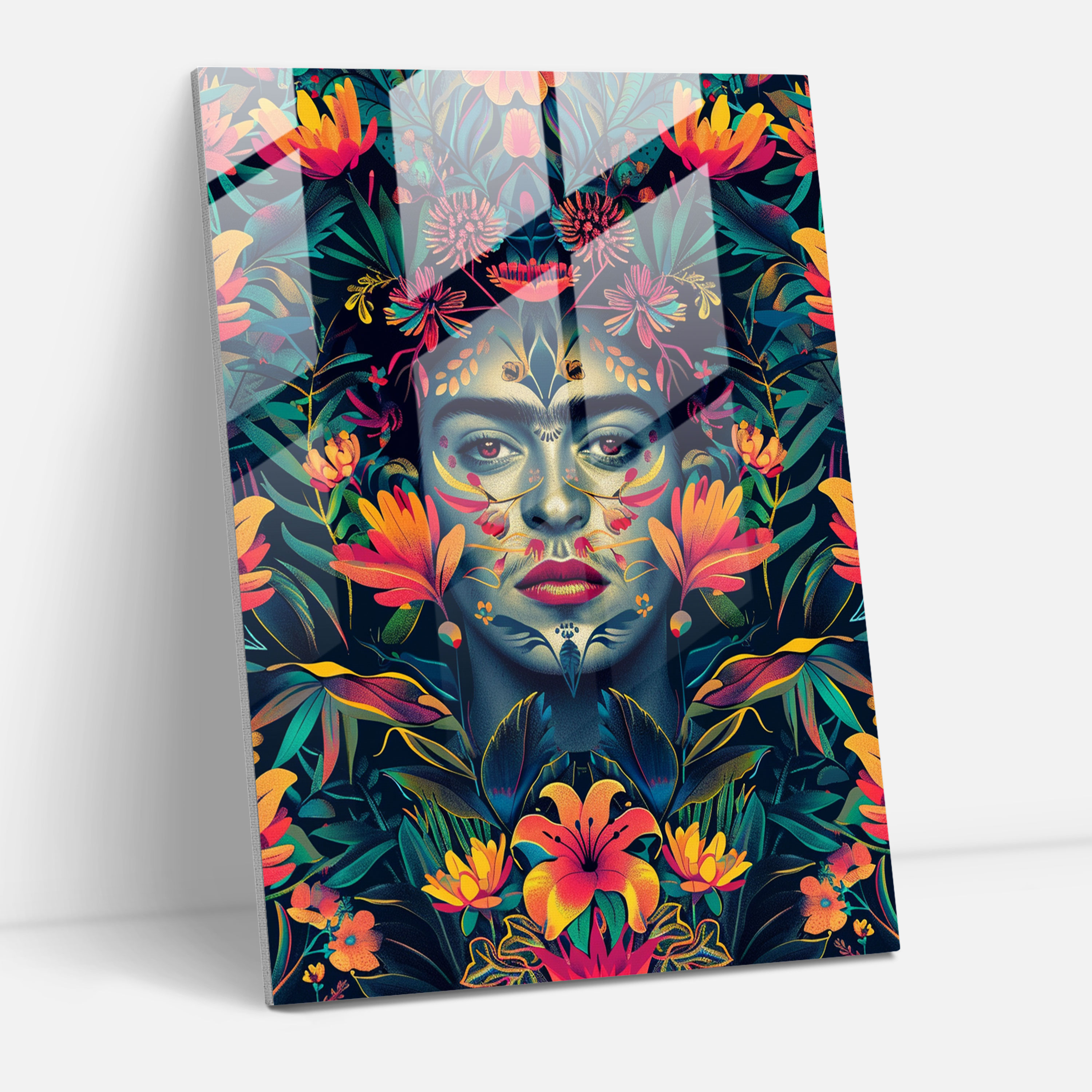 Frida Kahlo Tarzı Cam Tablo - Frida Kahlo Eserleri Duvar Dekorasyonu Çiçek Desenleri