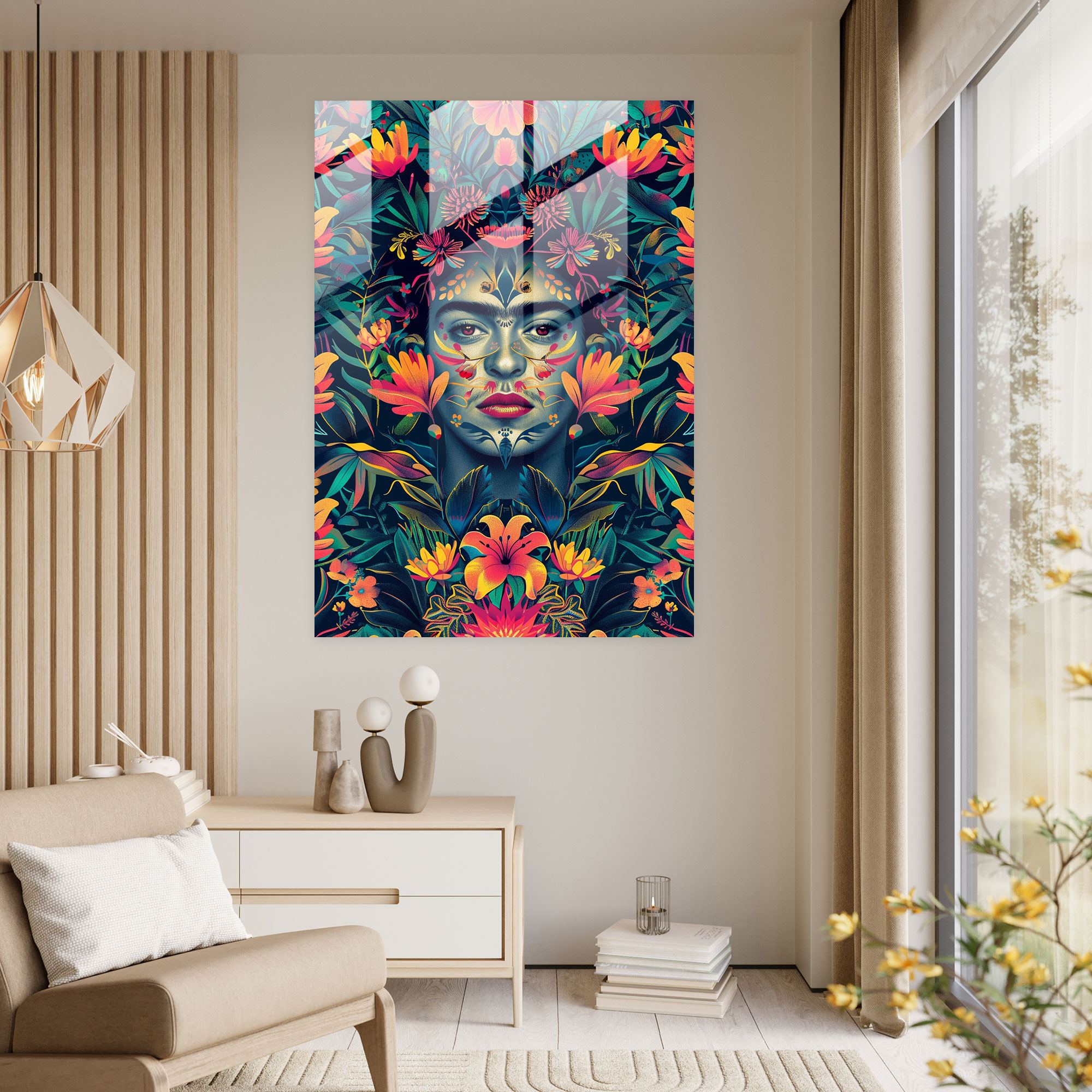 Frida Kahlo Tarzı Cam Tablo - Frida Kahlo Eserleri Duvar Dekorasyonu Çiçek Desenleri
