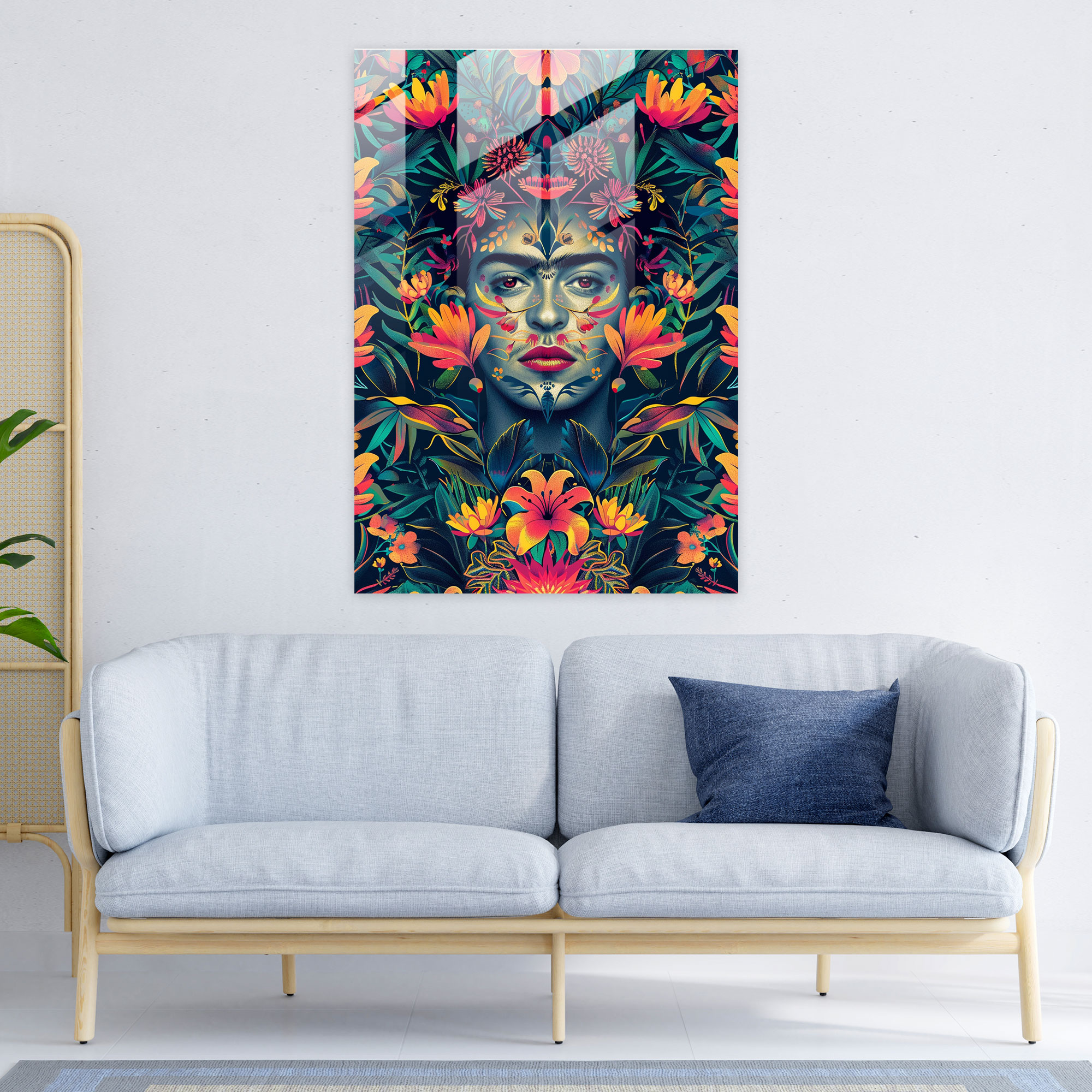 Frida Kahlo Tarzı Cam Tablo - Frida Kahlo Eserleri Duvar Dekorasyonu Çiçek Desenleri