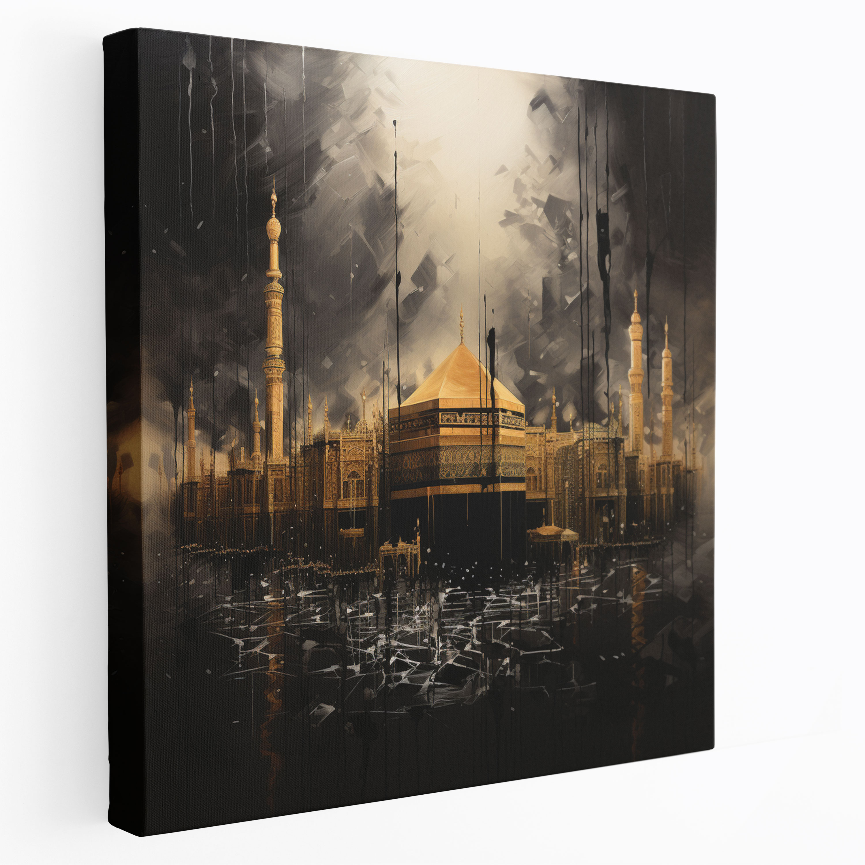 Kaaba Calligraphy Wall Art - Kaaba, Canvas Print, Gold Accents, Elegant Strokes