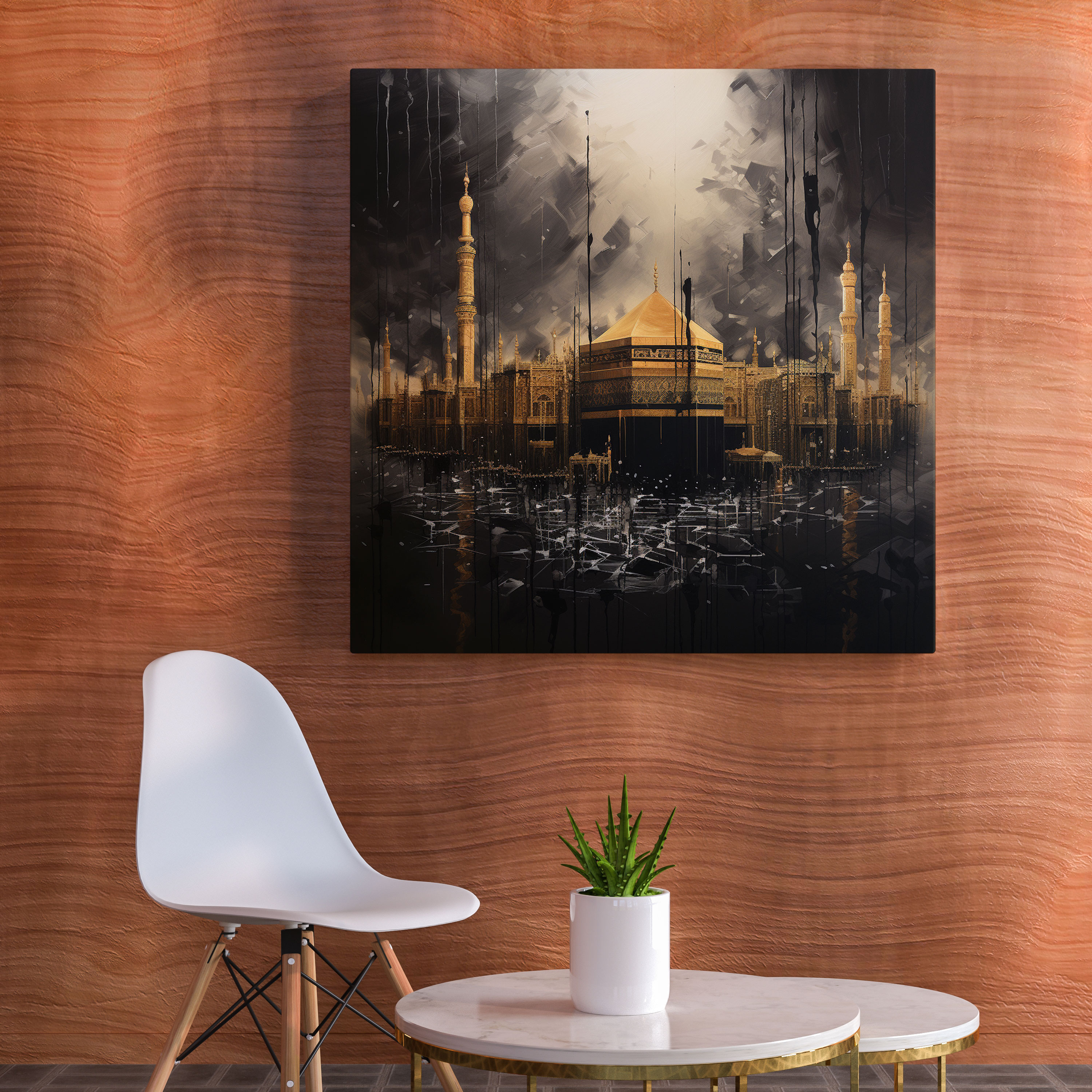 Kaaba Calligraphy Wall Art - Kaaba, Canvas Print, Gold Accents, Elegant Strokes
