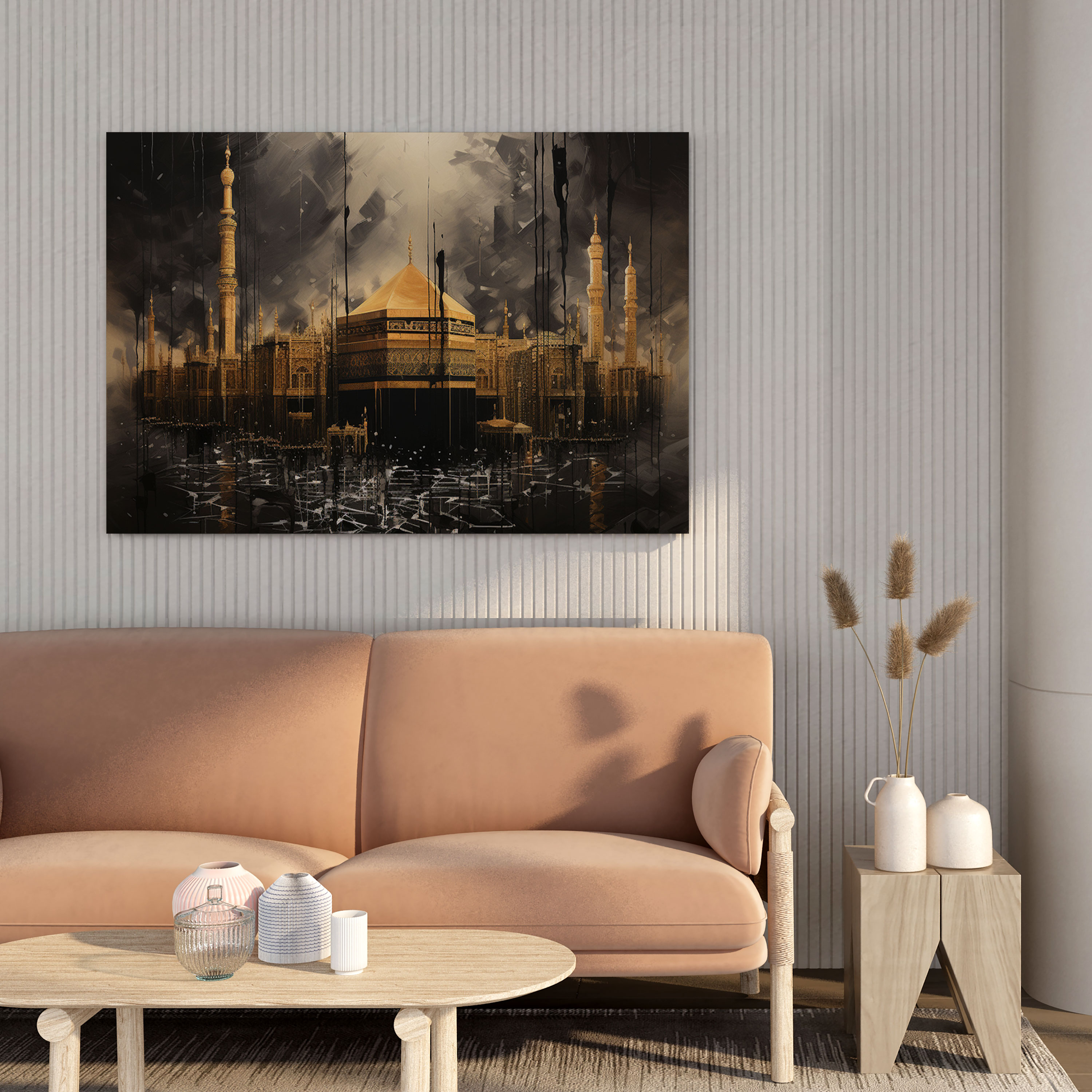 Kaaba Calligraphy Wall Art - Kaaba, Canvas Print, Gold Accents, Elegant Strokes
