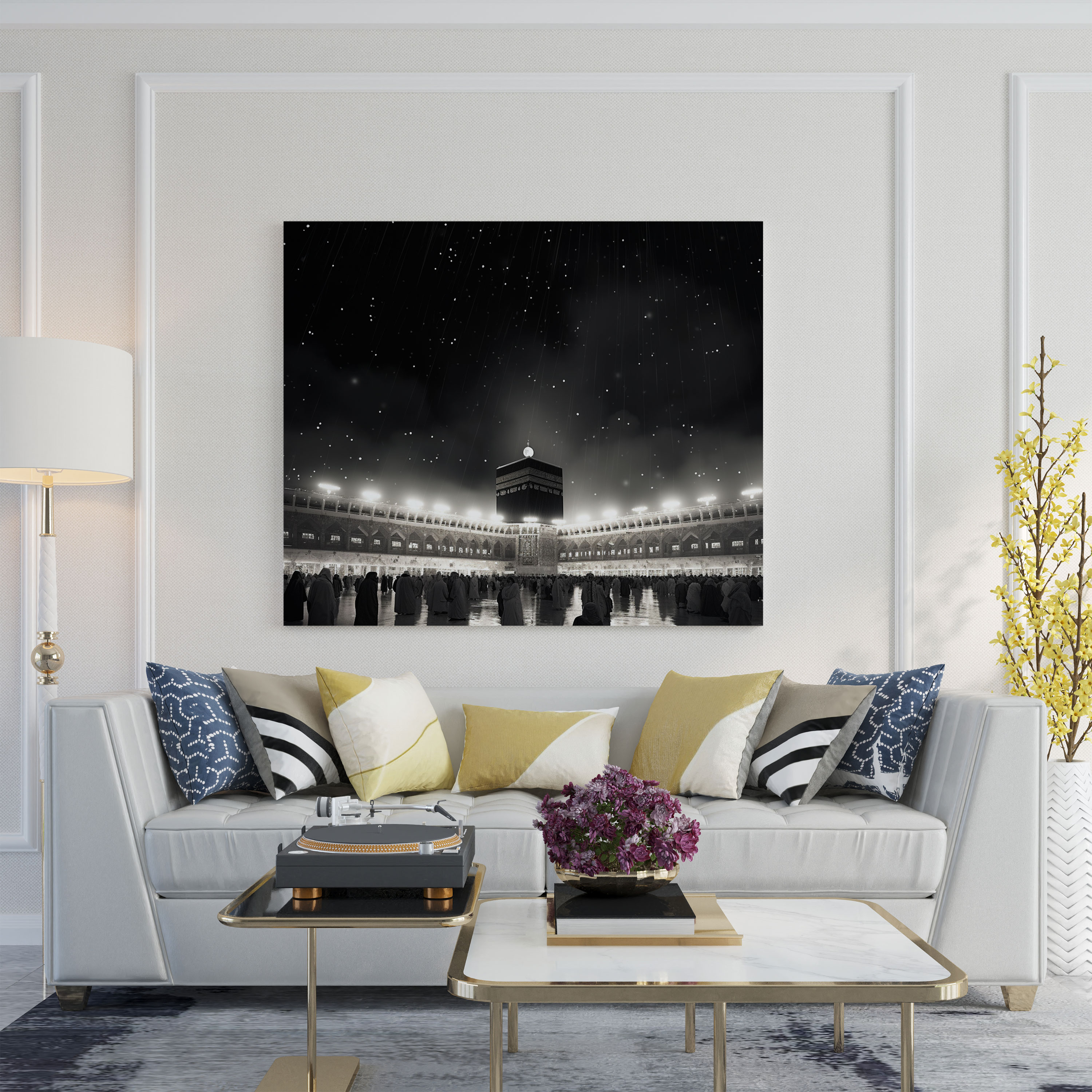 Kaaba Black And White Canvas Print - Kaaba, Wall Art, Stark Contrasts, Night Sky