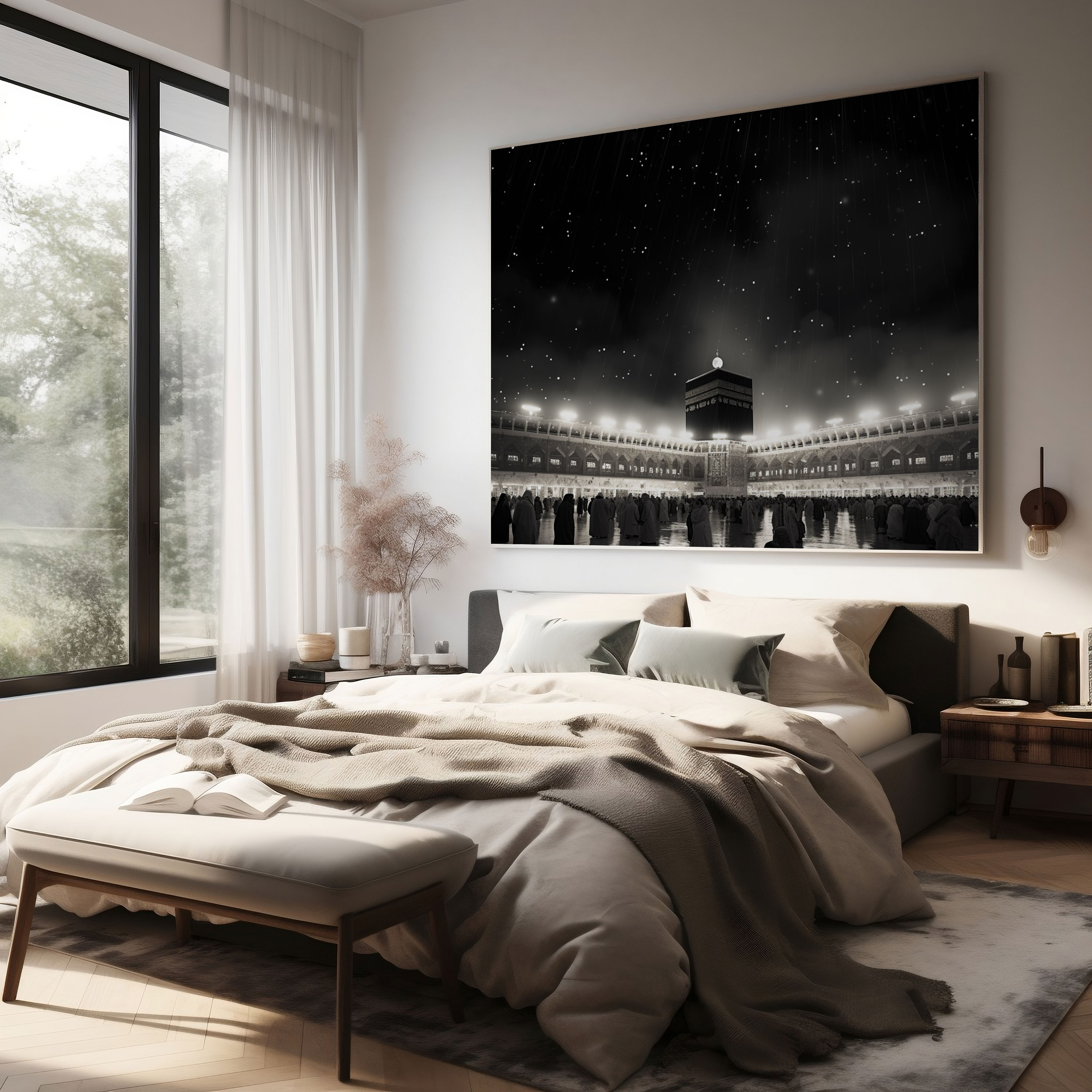 Kaaba Black And White Canvas Print - Kaaba, Wall Art, Stark Contrasts, Night Sky