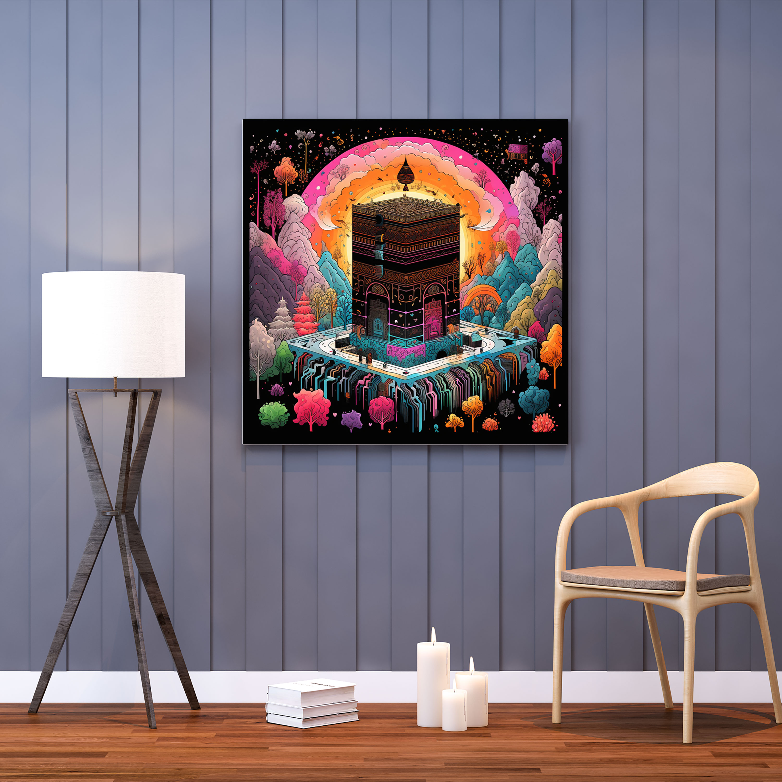 Kaaba Kanvas Tablo - Hand-Drawn Kaaba İllüstrasyonu Duvar Sanatı Renkli Desenler