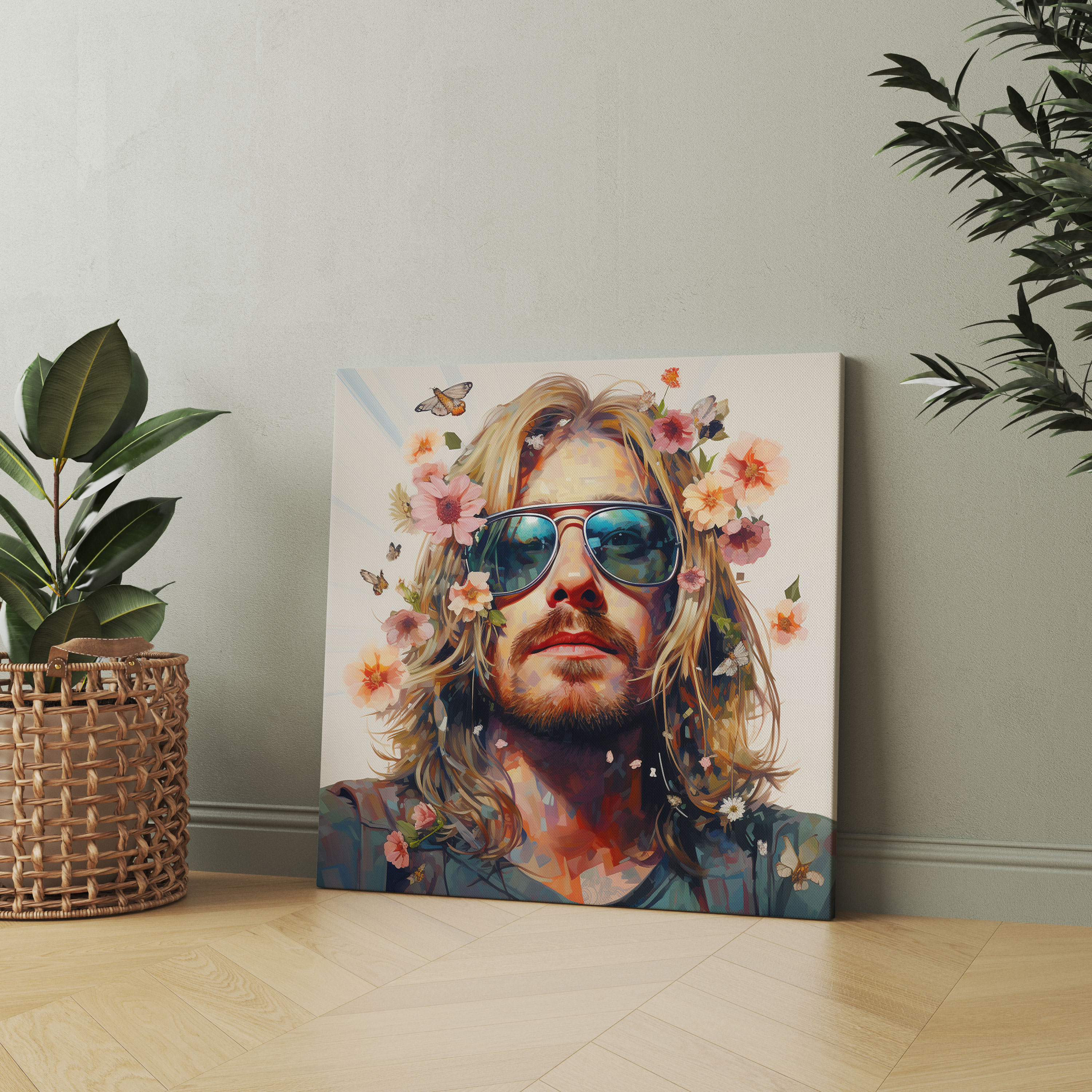 Kurt Cobain Surreal Glass Print - Kurt Cobain, Wall Decoration, Kurt Cobain, Blooming Flowers