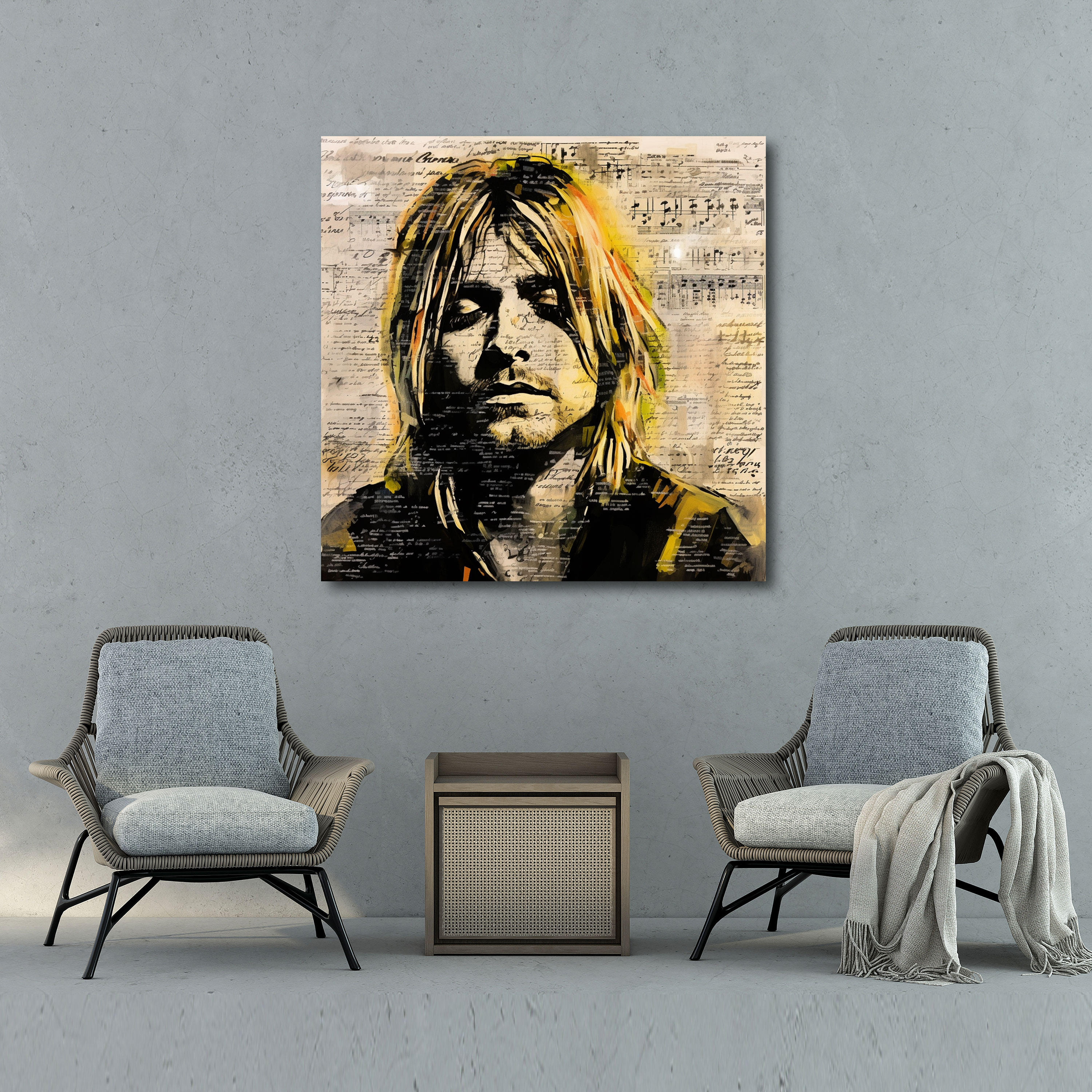 Glasbild mit handgeschriebenen Texten von Kurt Cobain - Kunst aus Glas musikalische Poesie
