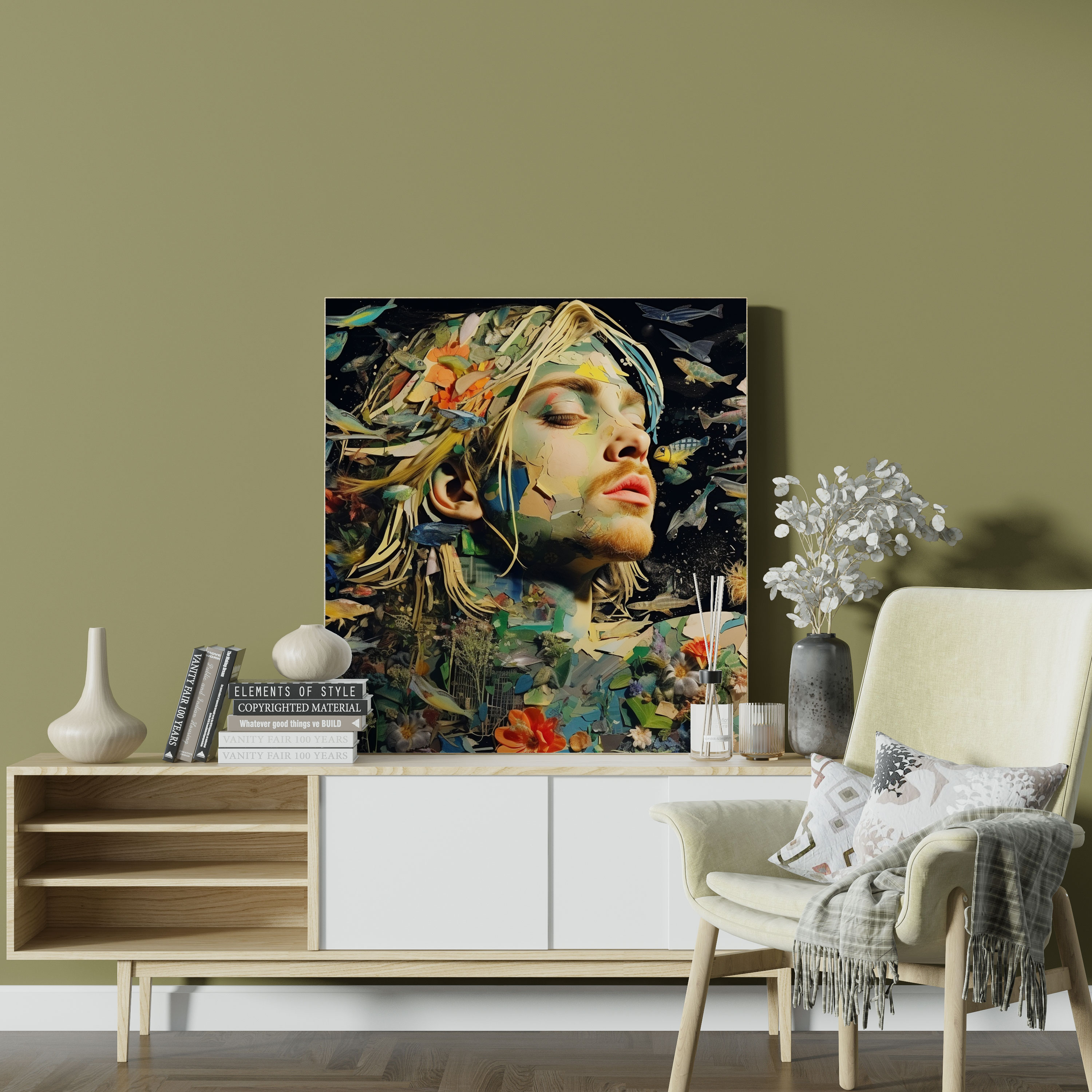 Kurt Cobain Glasbild - Naturinspirierte Collage - Wanddekoration mit Kurt Cobain moderne Kunst