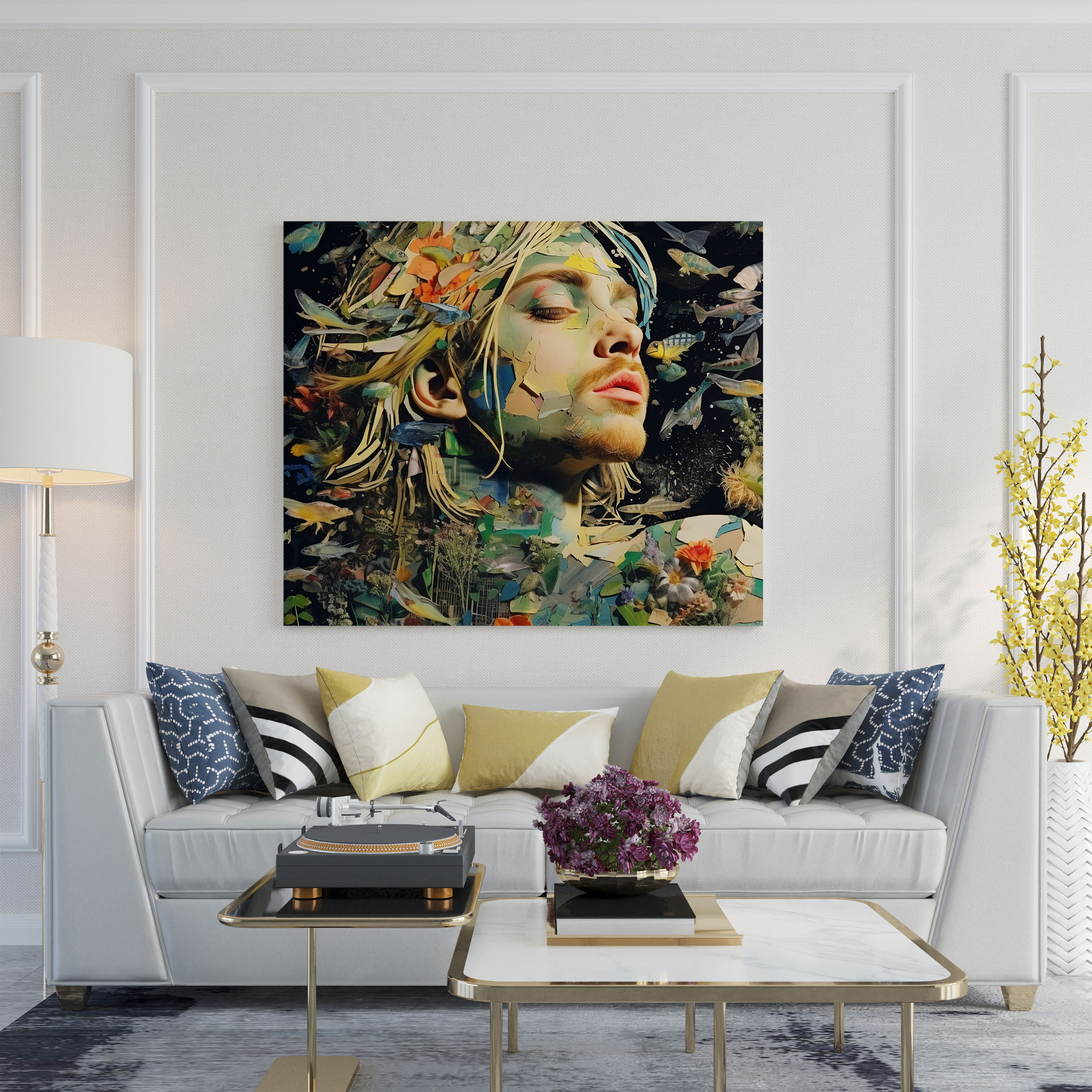 Kurt Cobain Glasbild - Naturinspirierte Collage - Wanddekoration mit Kurt Cobain moderne Kunst