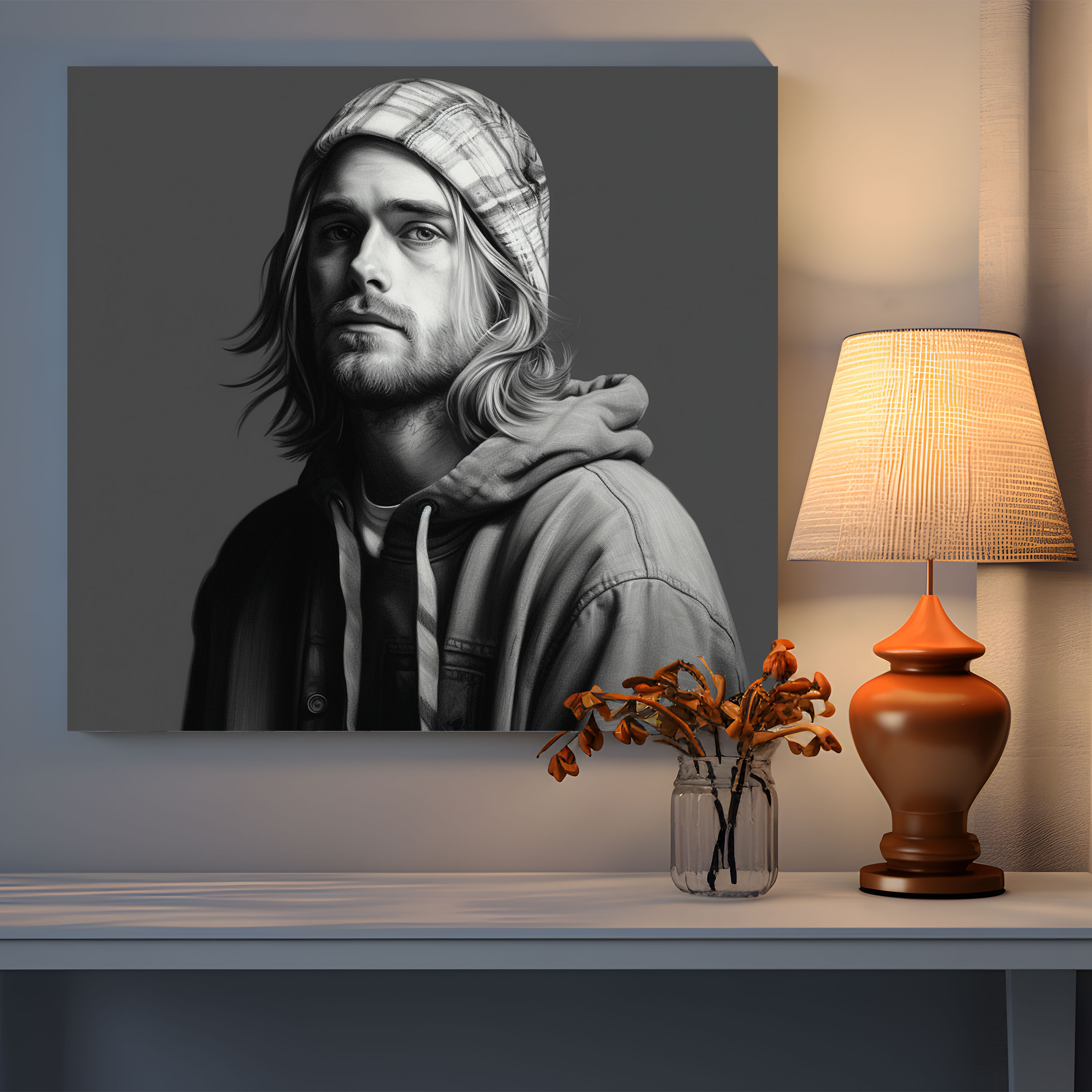 Kurt Cobain Glasbild - Fotorealistisches Porträt - Moderne Kunst Porträt