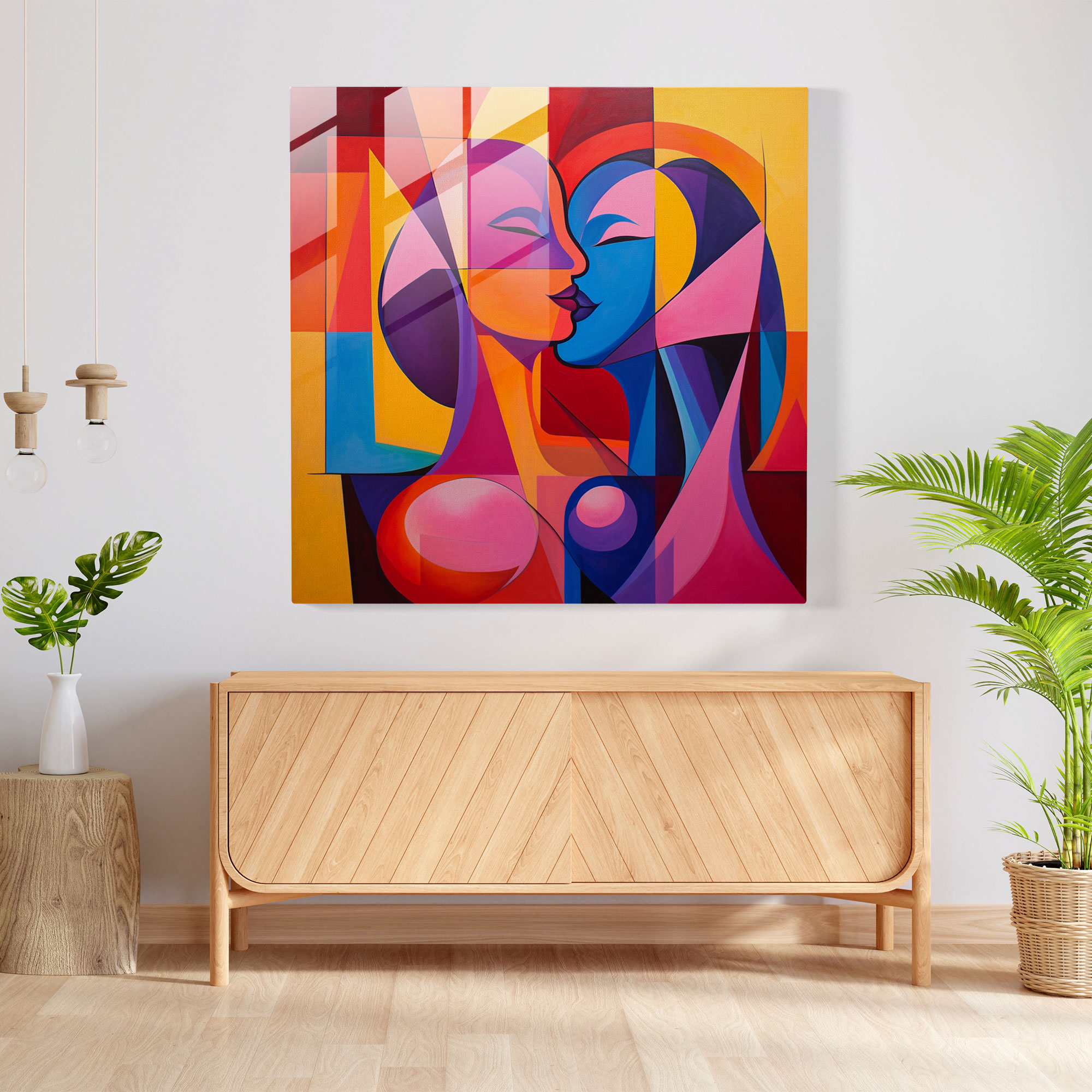 Kiss Of Geometry Glass Print - Kiss, Geometric Abstraction, Bold Shapes, Glass Art