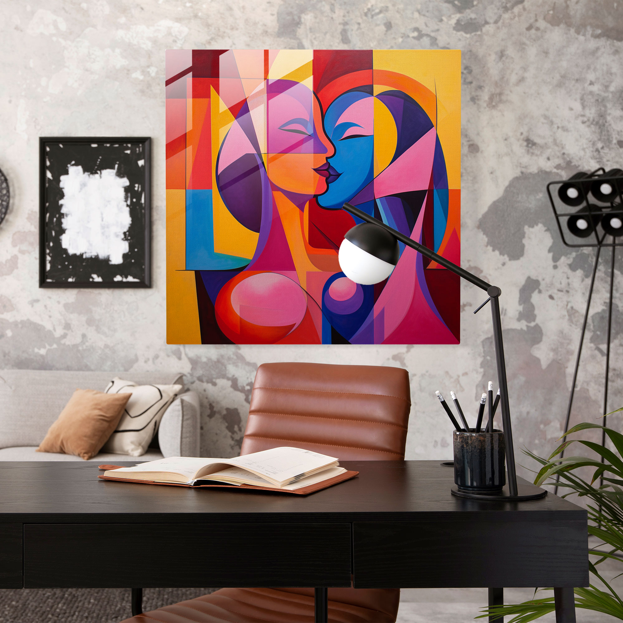 Kiss Of Geometry Glass Print - Kiss, Geometric Abstraction, Bold Shapes, Glass Art