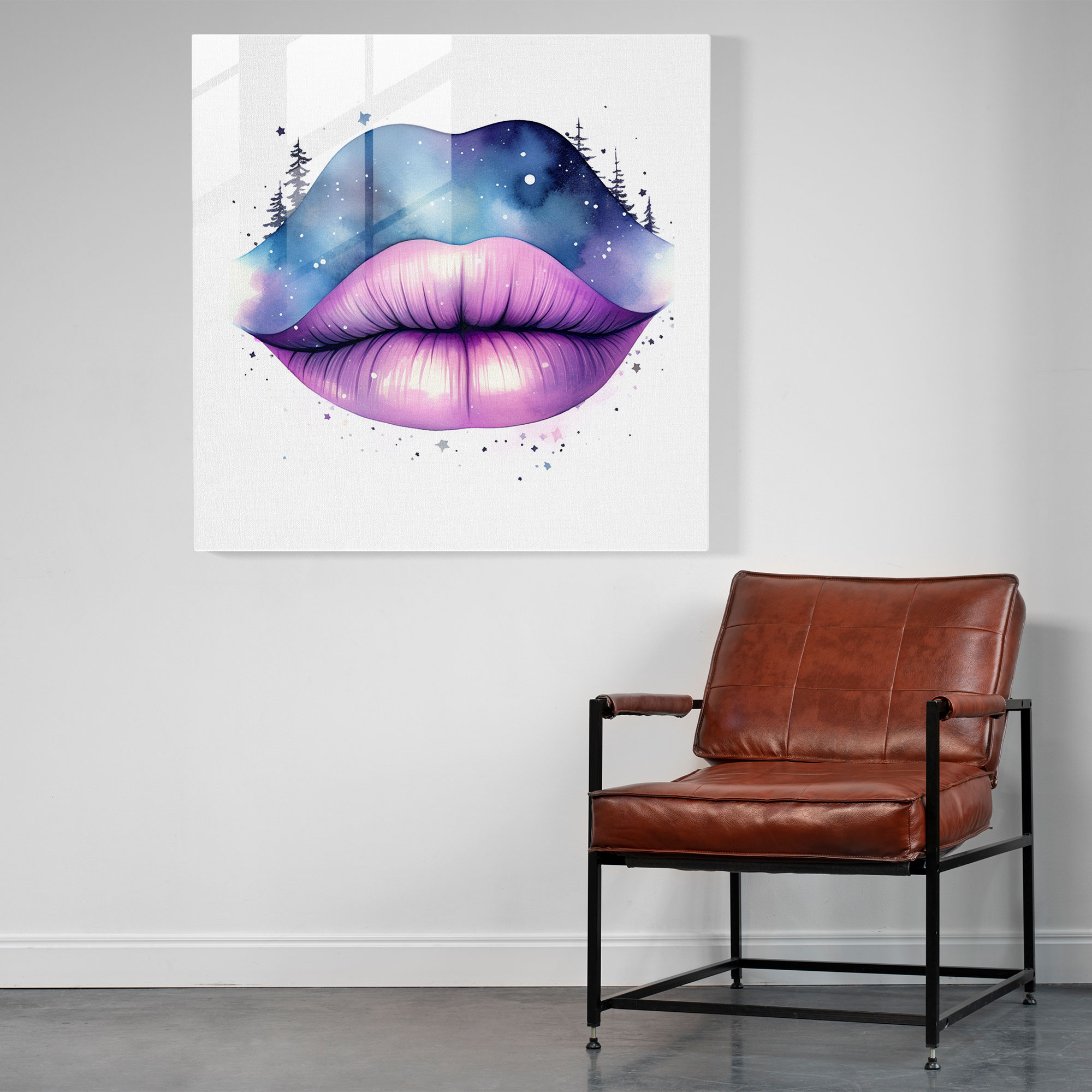 Starry Kiss Glass Print - Kiss, Modern Art, Wall Decoration, Watercolor Illustration