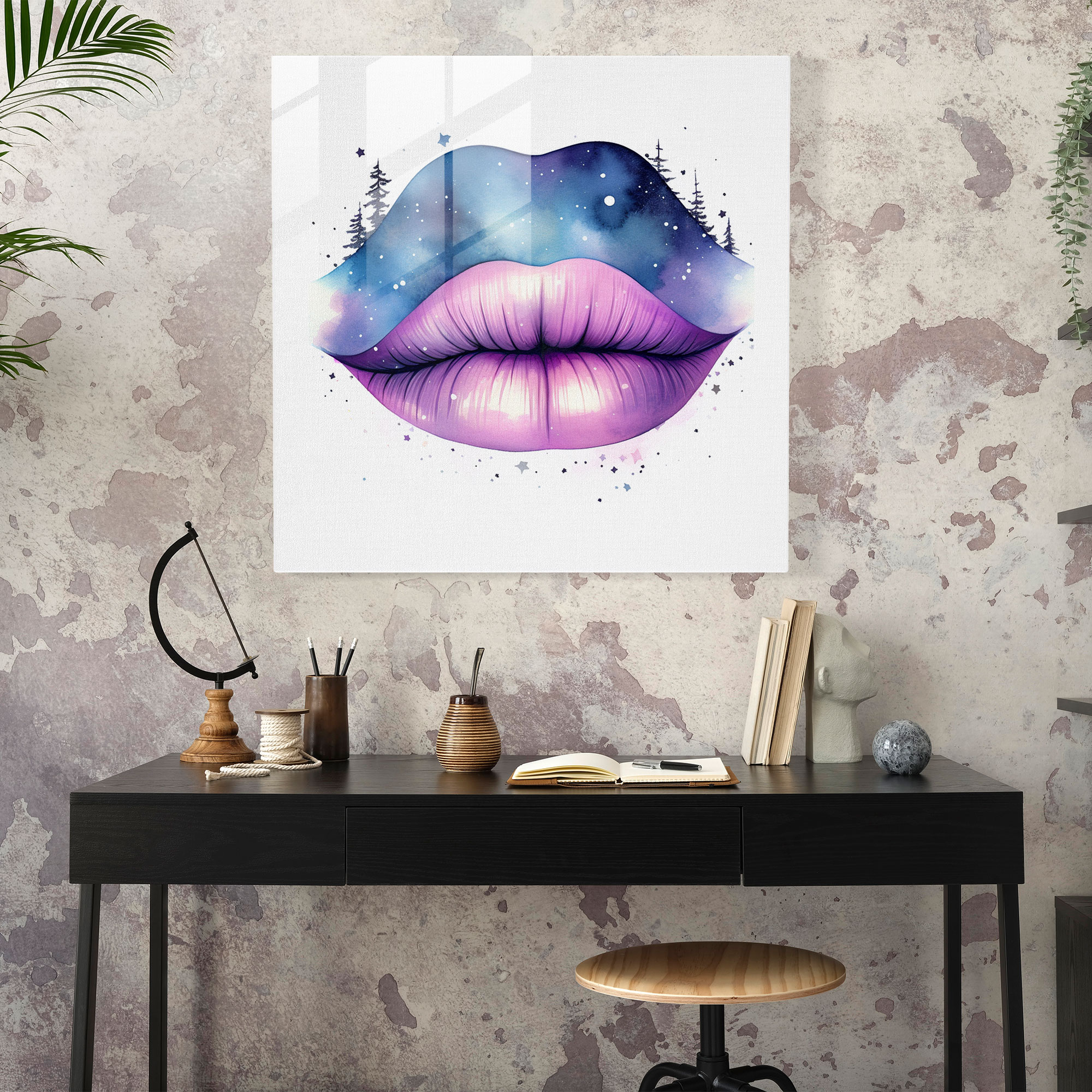 Starry Kiss Glass Print - Kiss, Modern Art, Wall Decoration, Watercolor Illustration