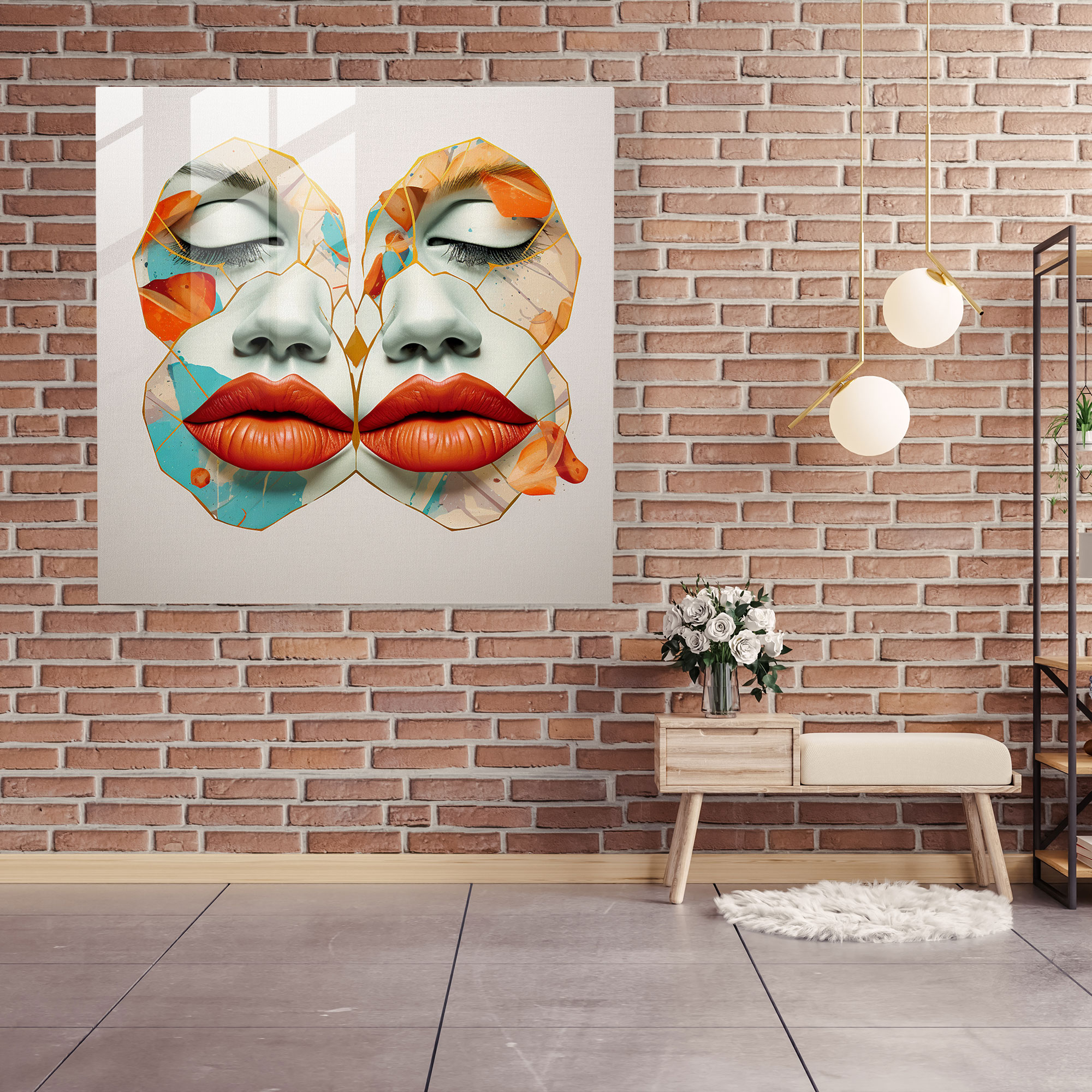 Geometric Kiss Glass Print - Kiss, Stylish, Modern Art, Home Decoration