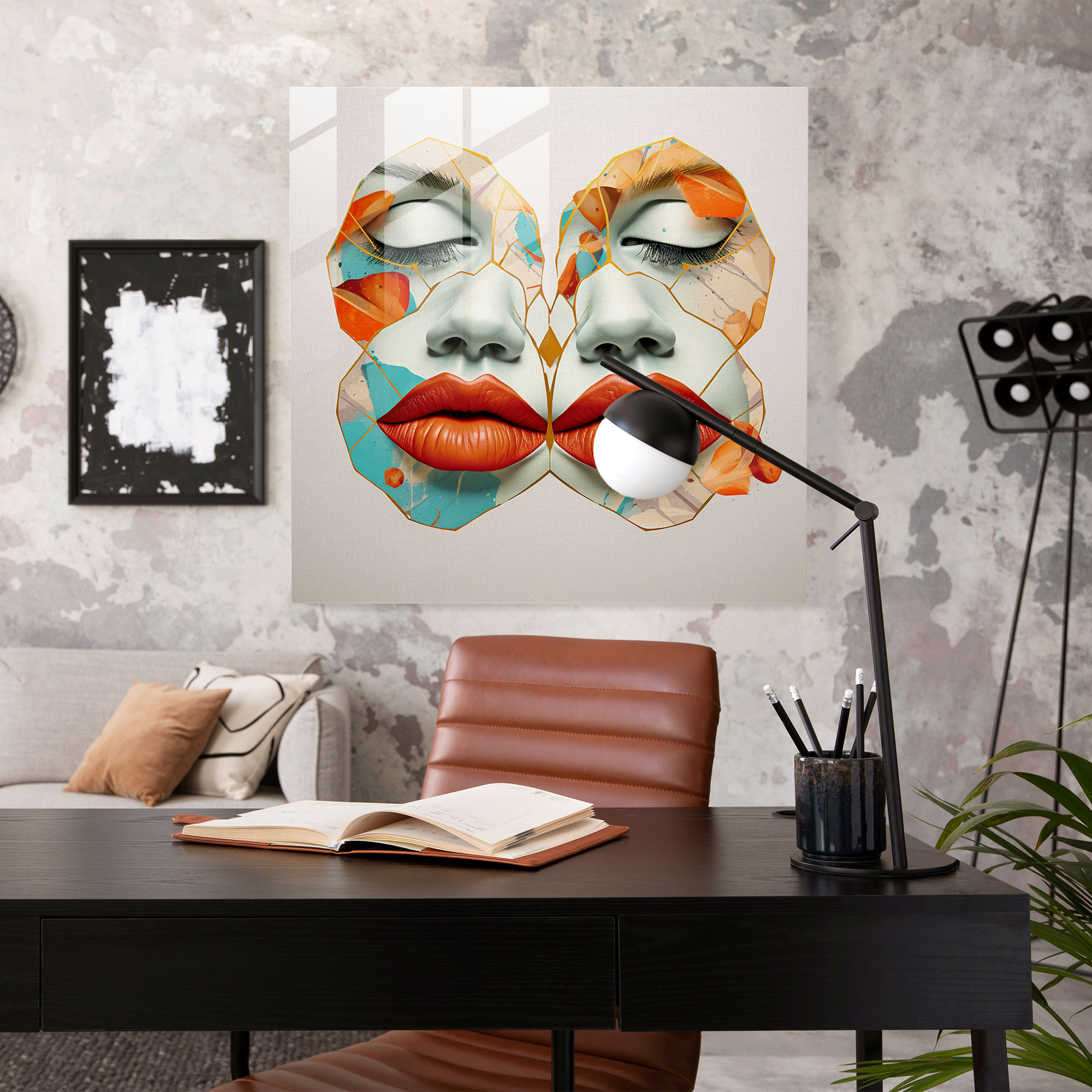 Geometric Kiss Glass Print - Kiss, Stylish, Modern Art, Home Decoration